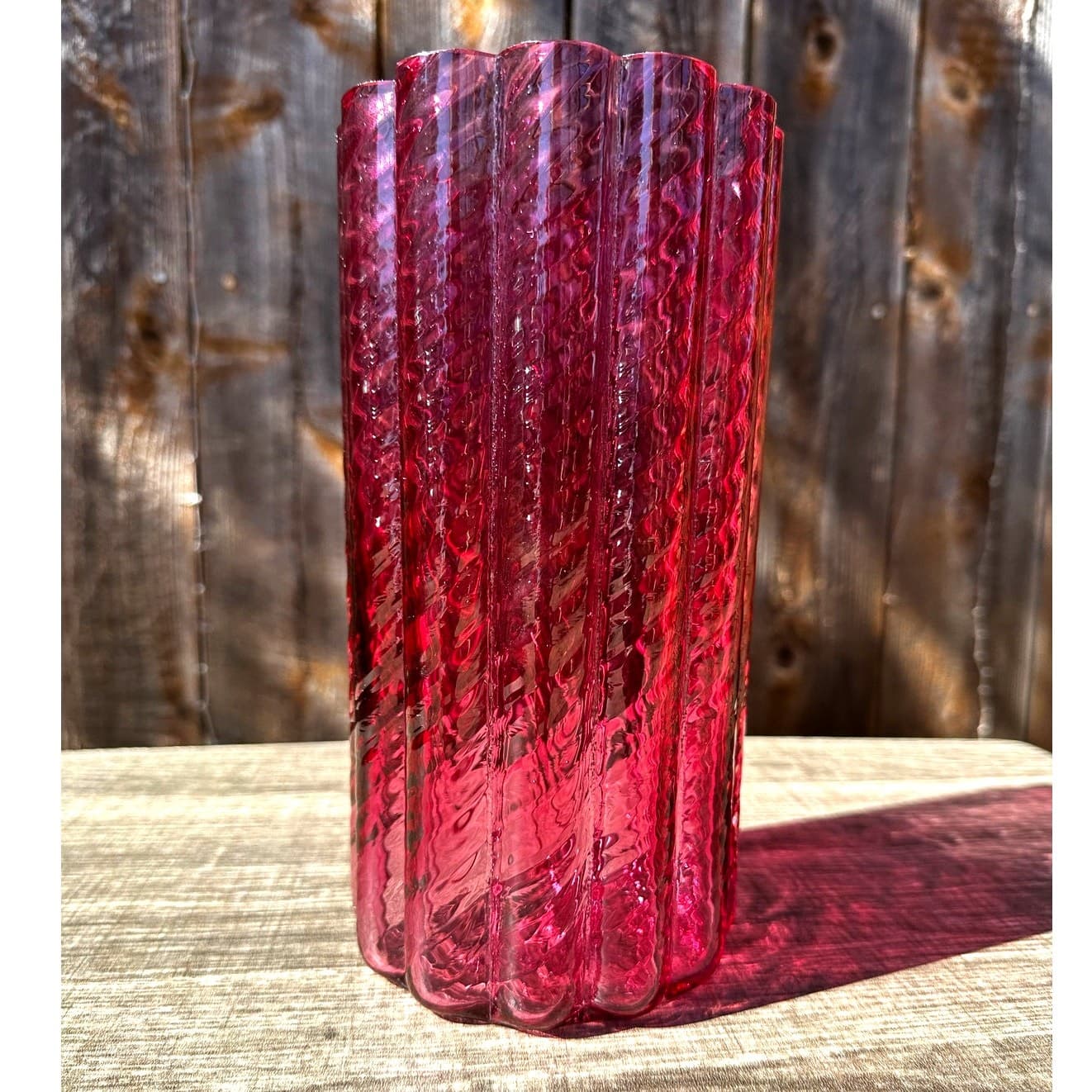 Pilgrim Art Glass Vintage Cranberry Glass 'Ionic' Ribbed Scalloped Optic Vase - Thumbnail 5