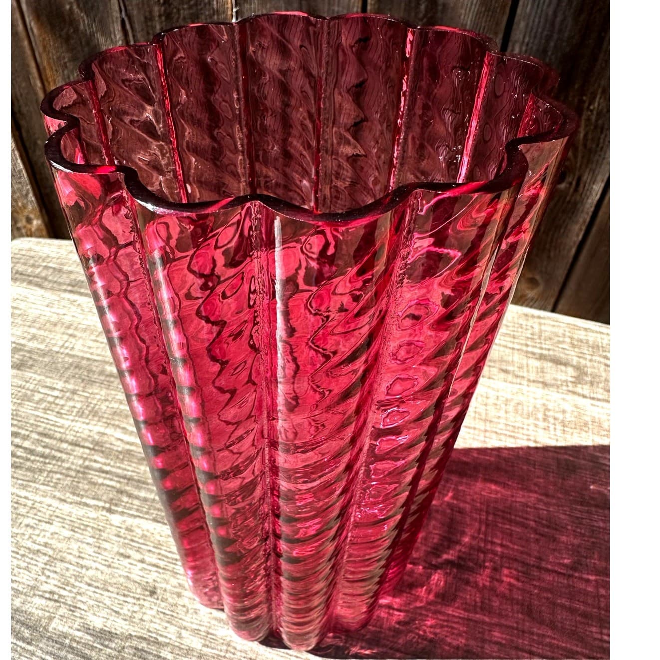 Pilgrim Art Glass Vintage Cranberry Glass 'Ionic' Ribbed Scalloped Optic Vase - Thumbnail 2