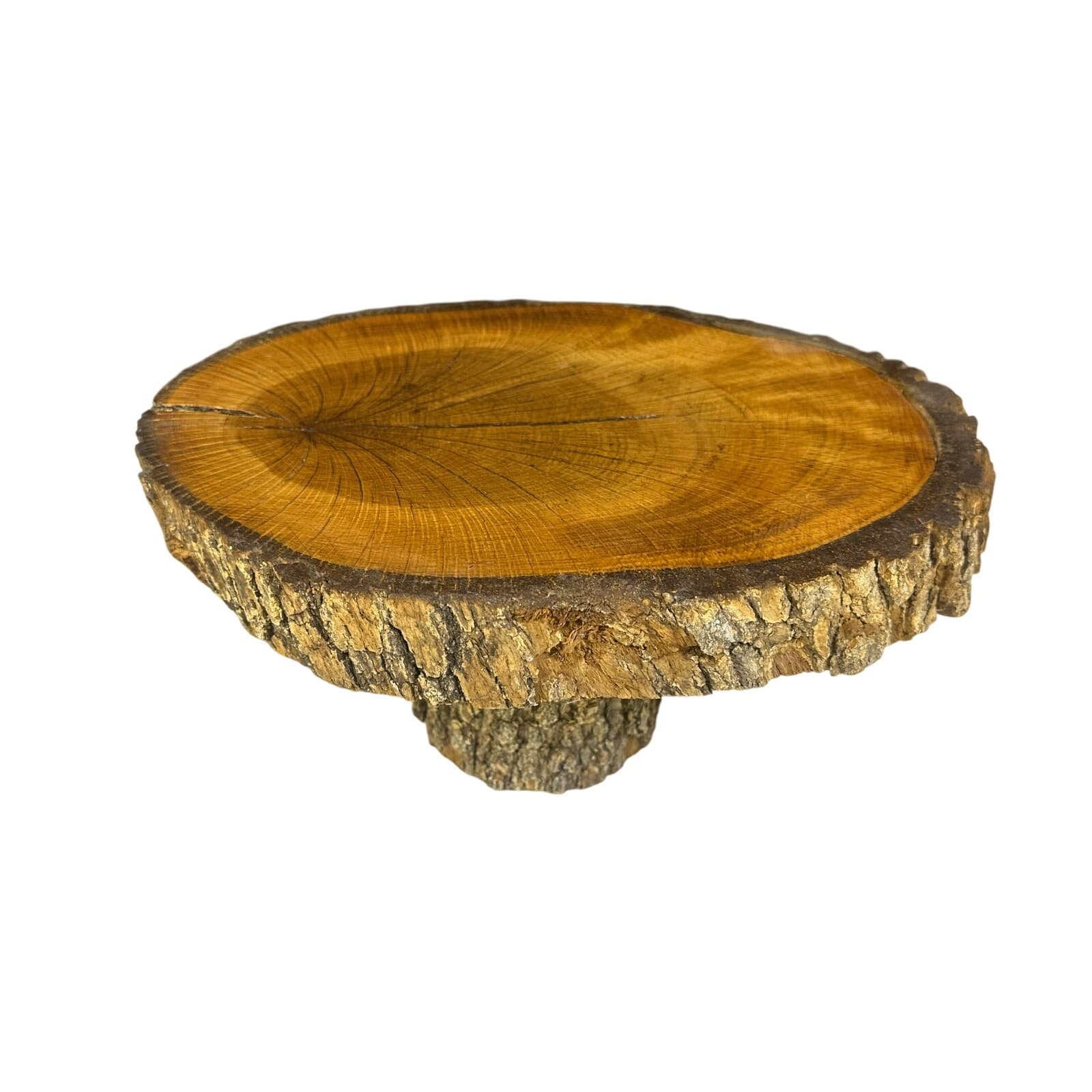 Unique Log Slab Pedestal Natural Wood 5.5" Cake Stand w/Rustic Bark Edge Accent - Thumbnail 2