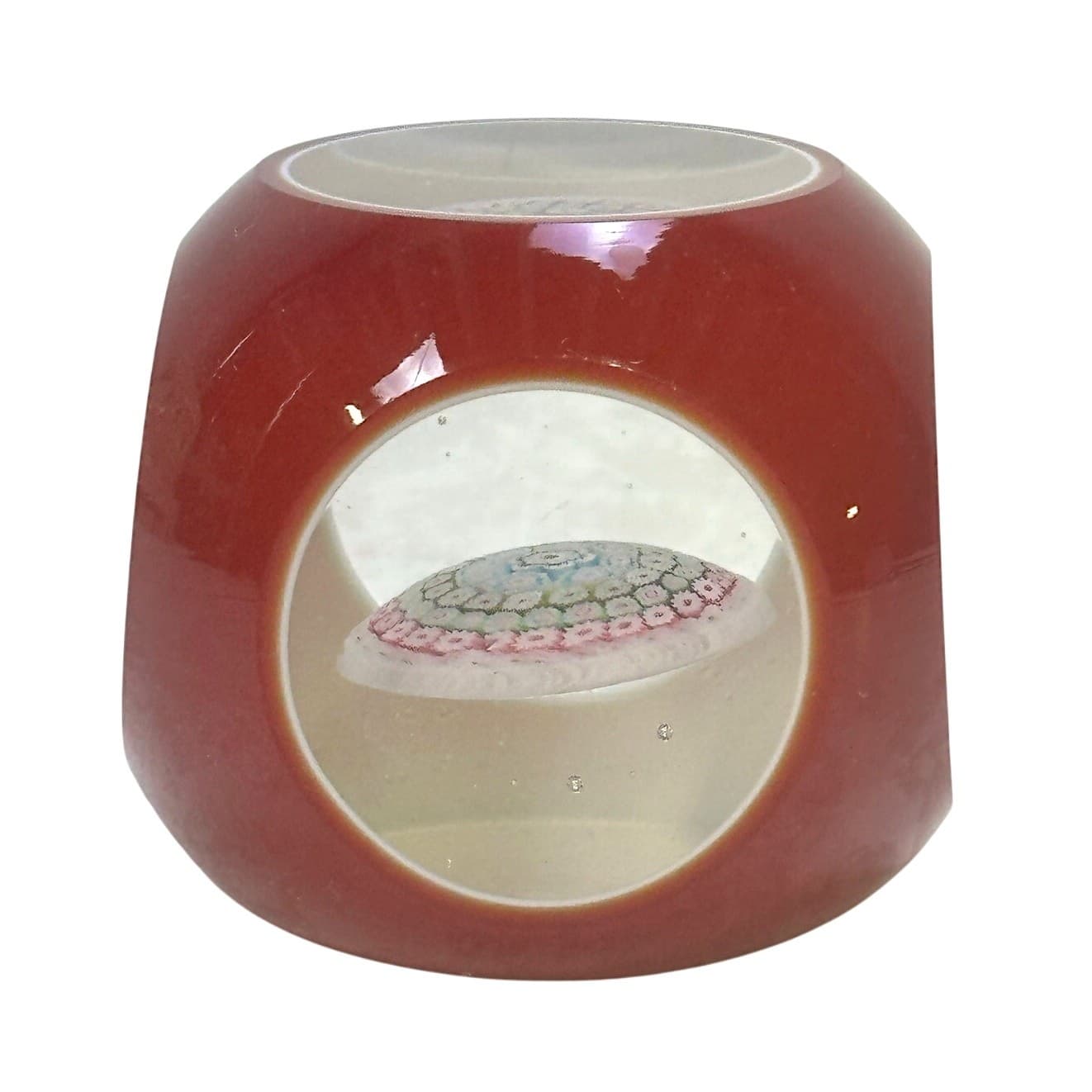 Vintage Murano (?) Millefiori Facet Overlay Cased Glass Window Red Paperweight - Thumbnail 5