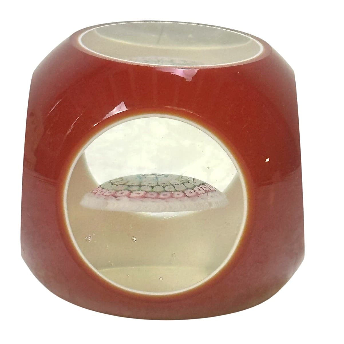 Vintage Murano (?) Millefiori Facet Overlay Cased Glass Window Red Paperweight - Thumbnail 6
