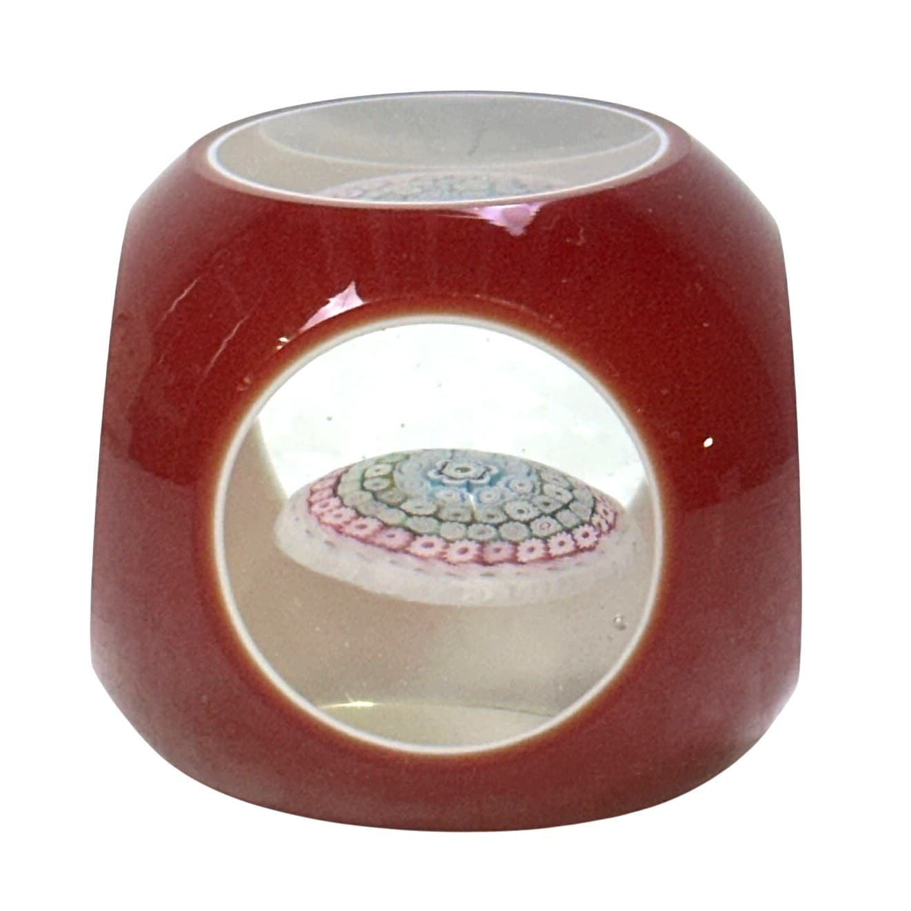 Vintage Murano (?) Millefiori Facet Overlay Cased Glass Window Red Paperweight
