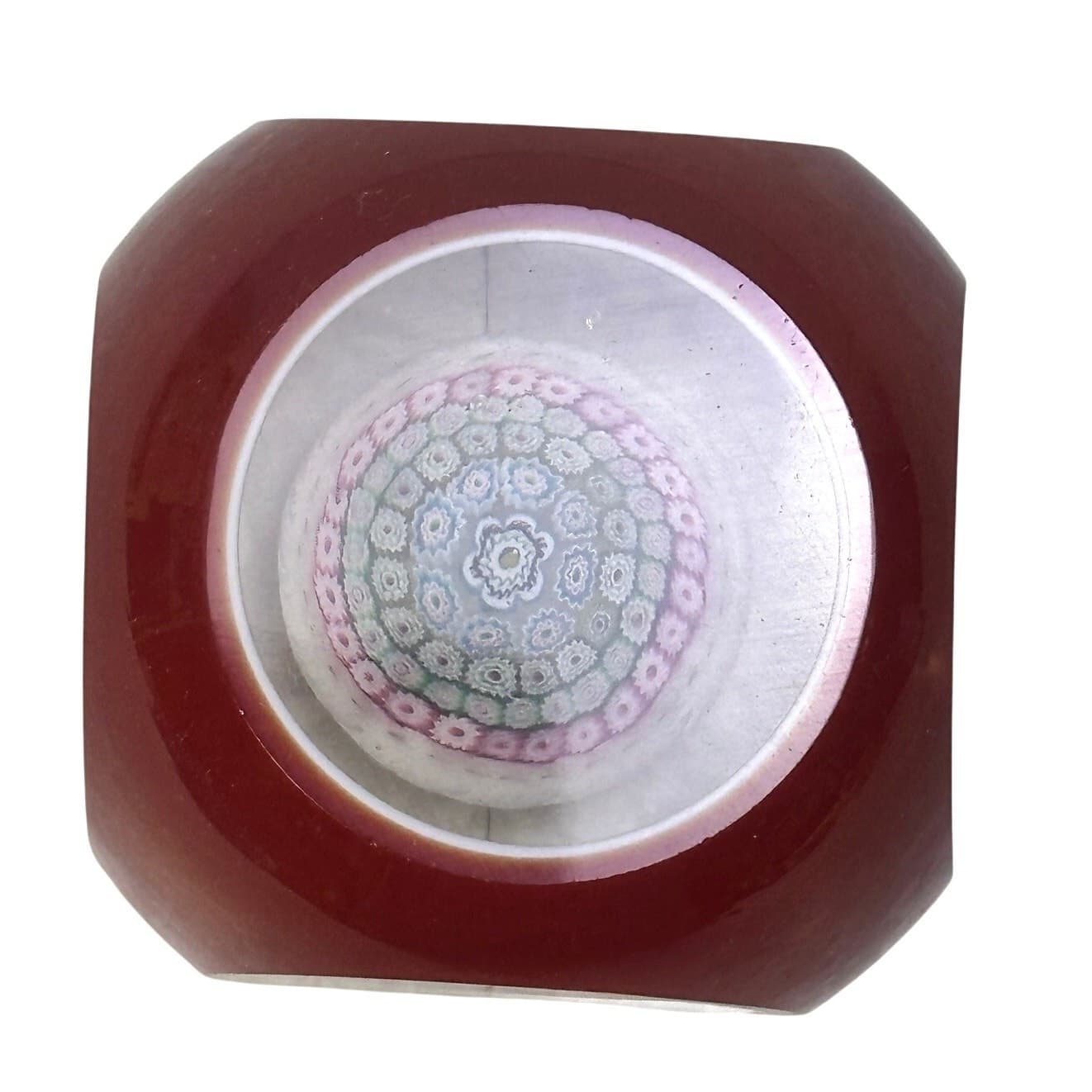 Vintage Murano (?) Millefiori Facet Overlay Cased Glass Window Red Paperweight - Thumbnail 7