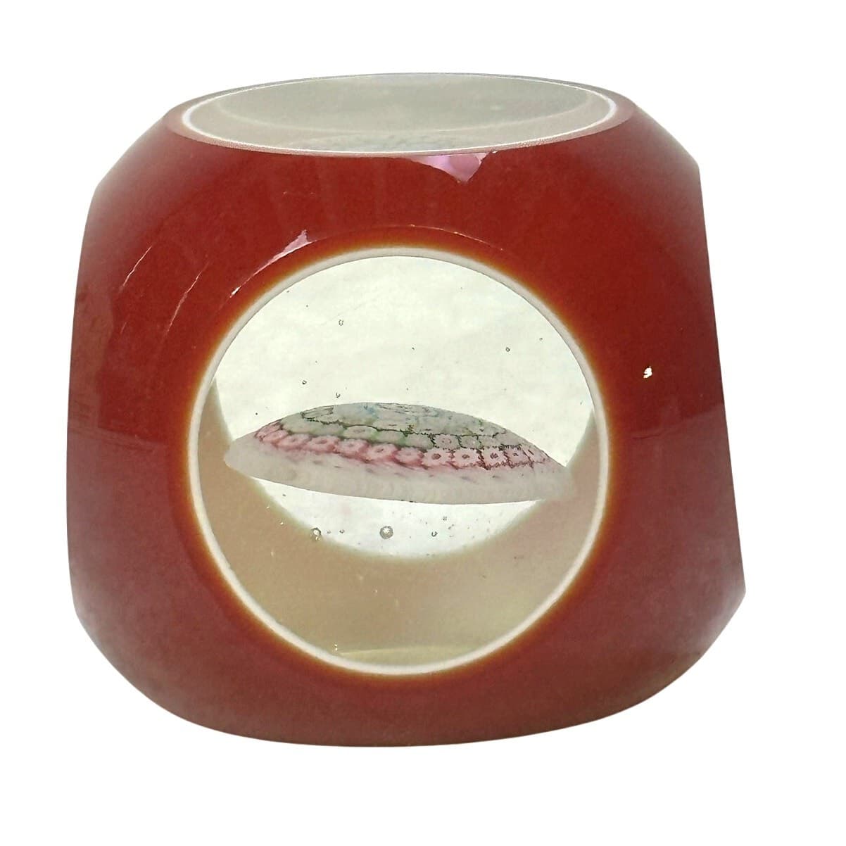 Vintage Murano (?) Millefiori Facet Overlay Cased Glass Window Red Paperweight - Thumbnail 3