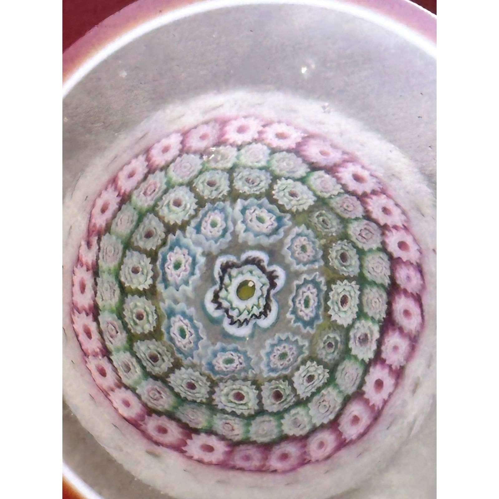 Vintage Murano (?) Millefiori Facet Overlay Cased Glass Window Red Paperweight - Thumbnail 4