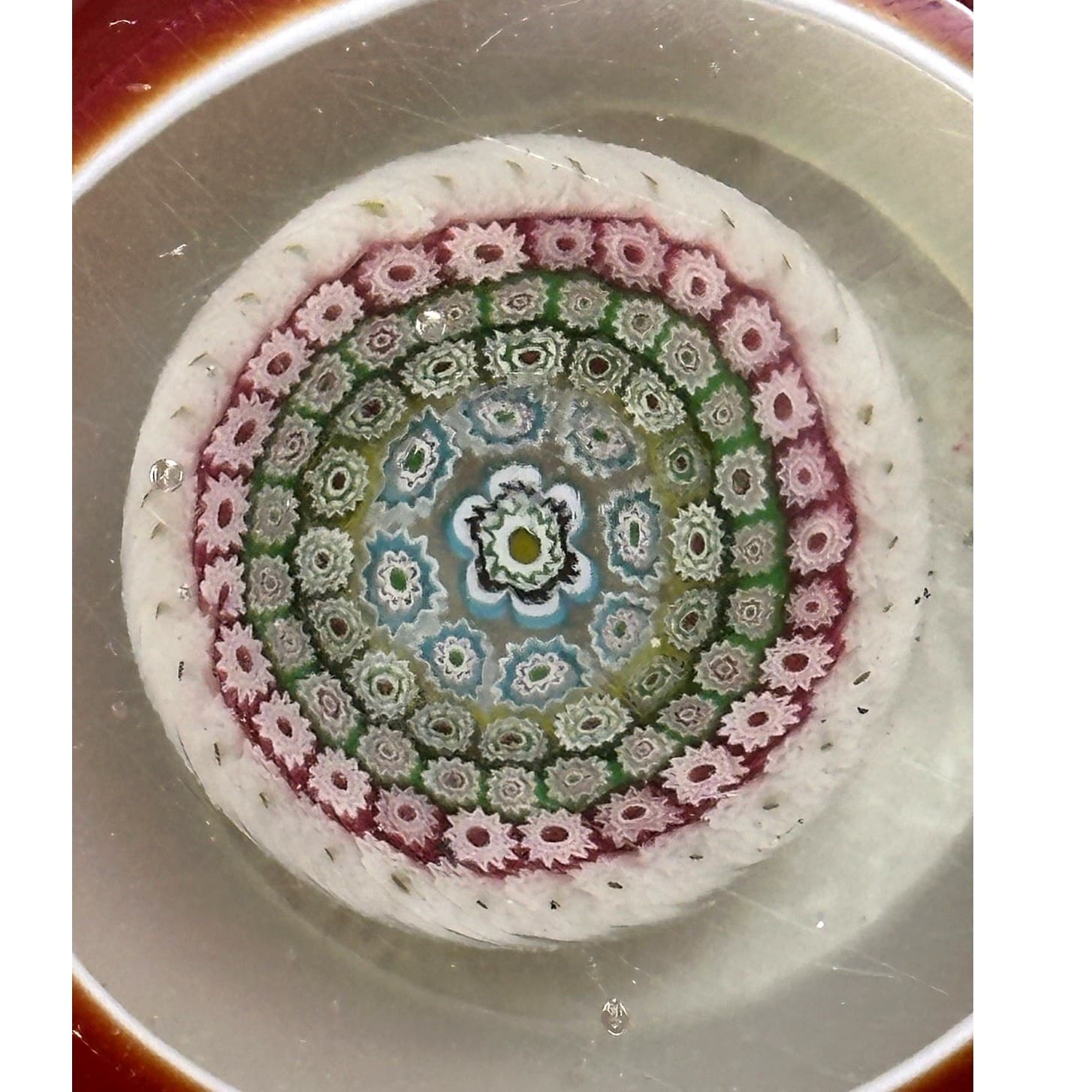 Vintage Murano (?) Millefiori Facet Overlay Cased Glass Window Red Paperweight - Thumbnail 2