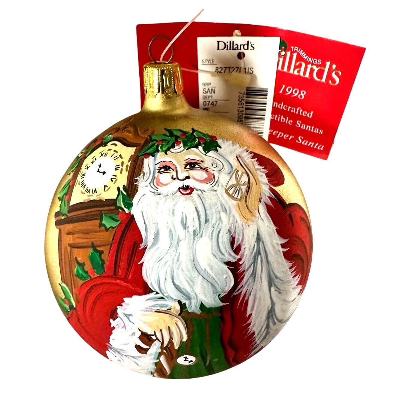 Dillard's 1998 "Timekeeper Santa" Hand Painted Signed Christmas Ornament-NEW! - Thumbnail 2