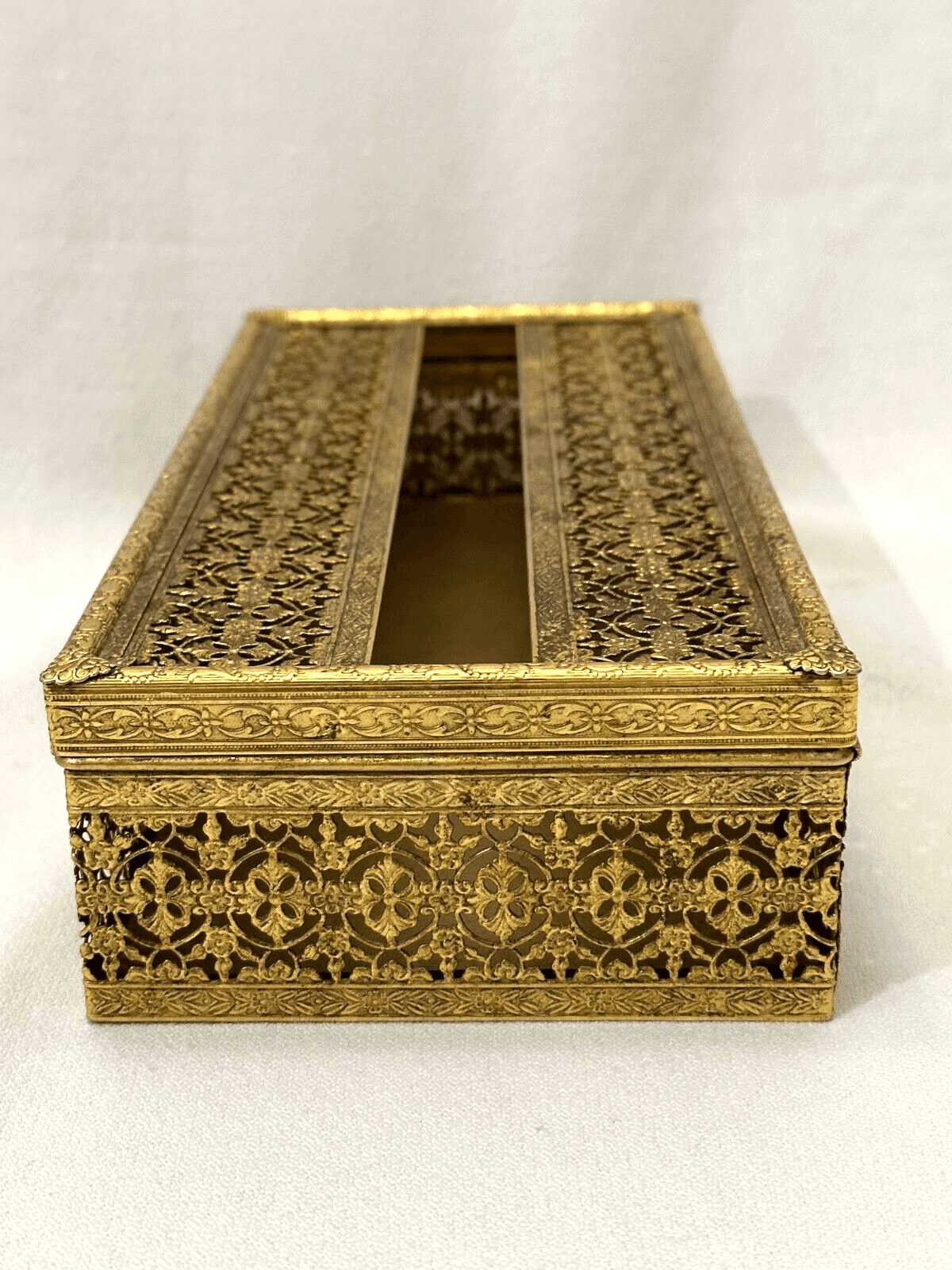 Vintage Gold Tone Brass Filigree Tissue Box Holder - Thumbnail 2