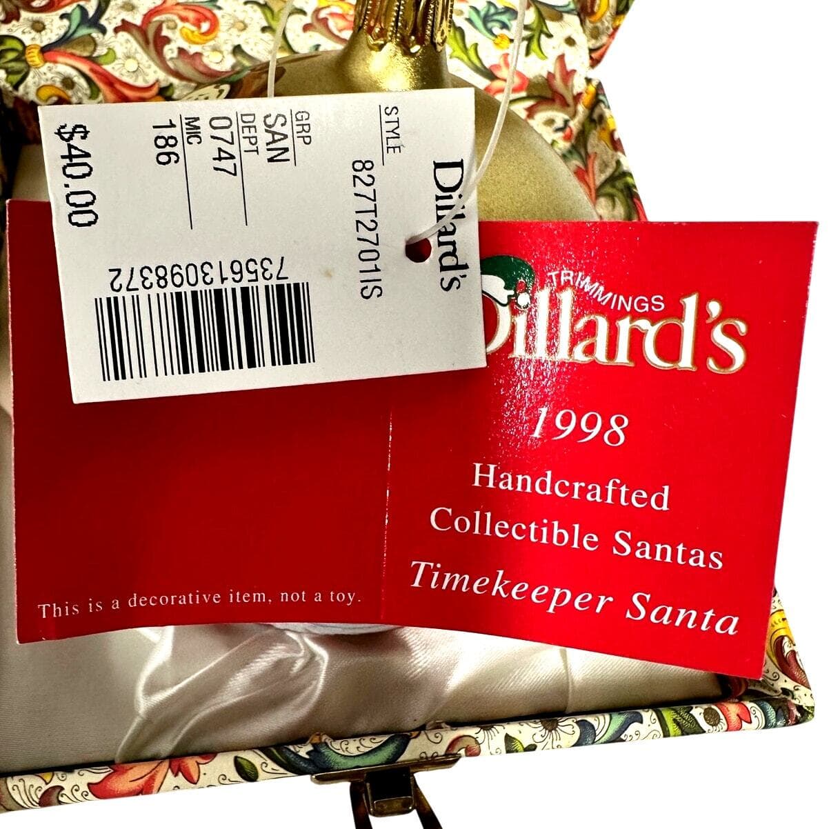Dillard's 1998 "Timekeeper Santa" Hand Painted Signed Christmas Ornament-NEW! - Thumbnail 4