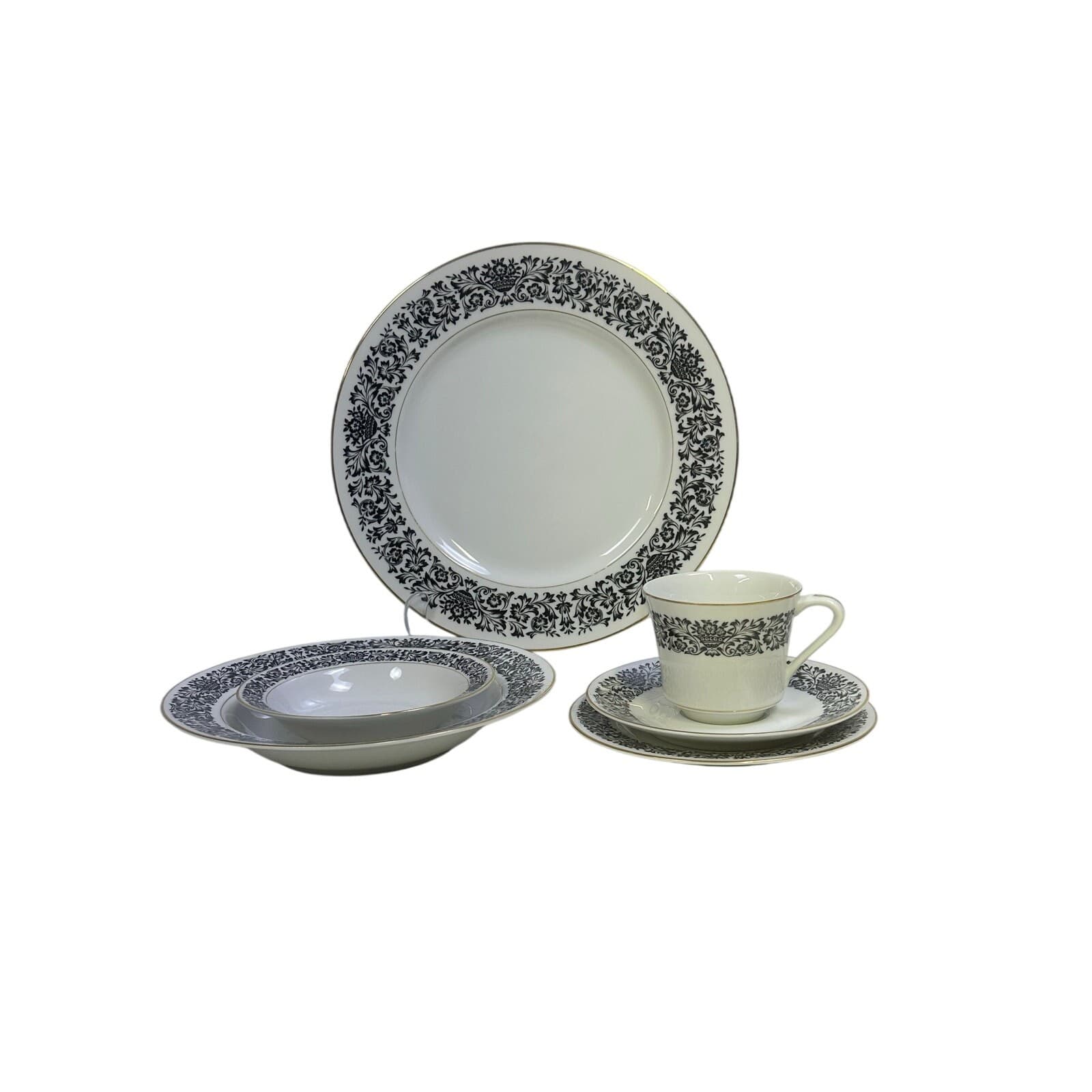 Four Crown China 'Monte Carlo' 383 Black/White/Gold 6-PC Place Setting-Excellent - Thumbnail 4