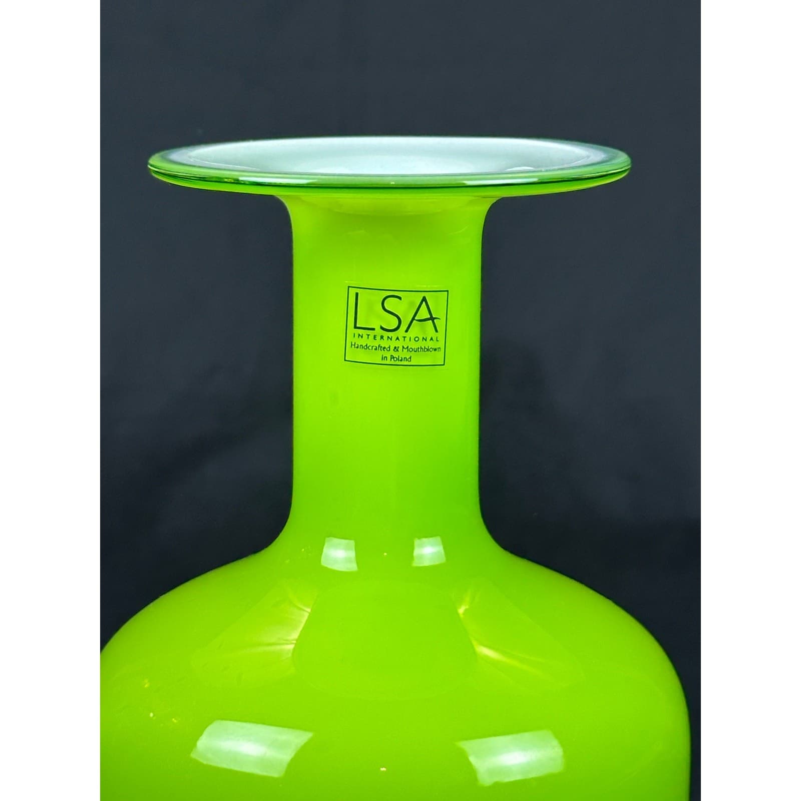 LSA Blown Art Glass Lime Green & White Vase Poland 8 1/2" - Thumbnail 2