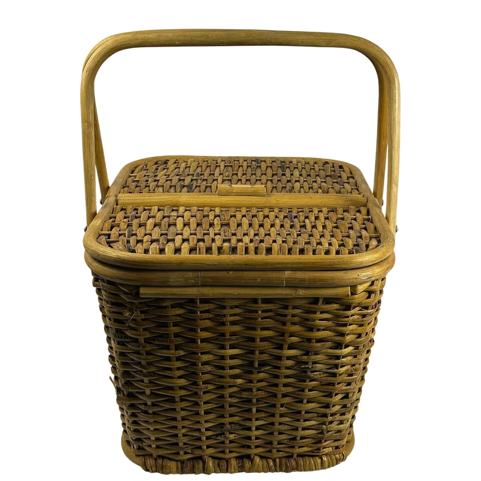 Wicker Vintage Picnic Basket Lined with Double Handles - Thumbnail 5