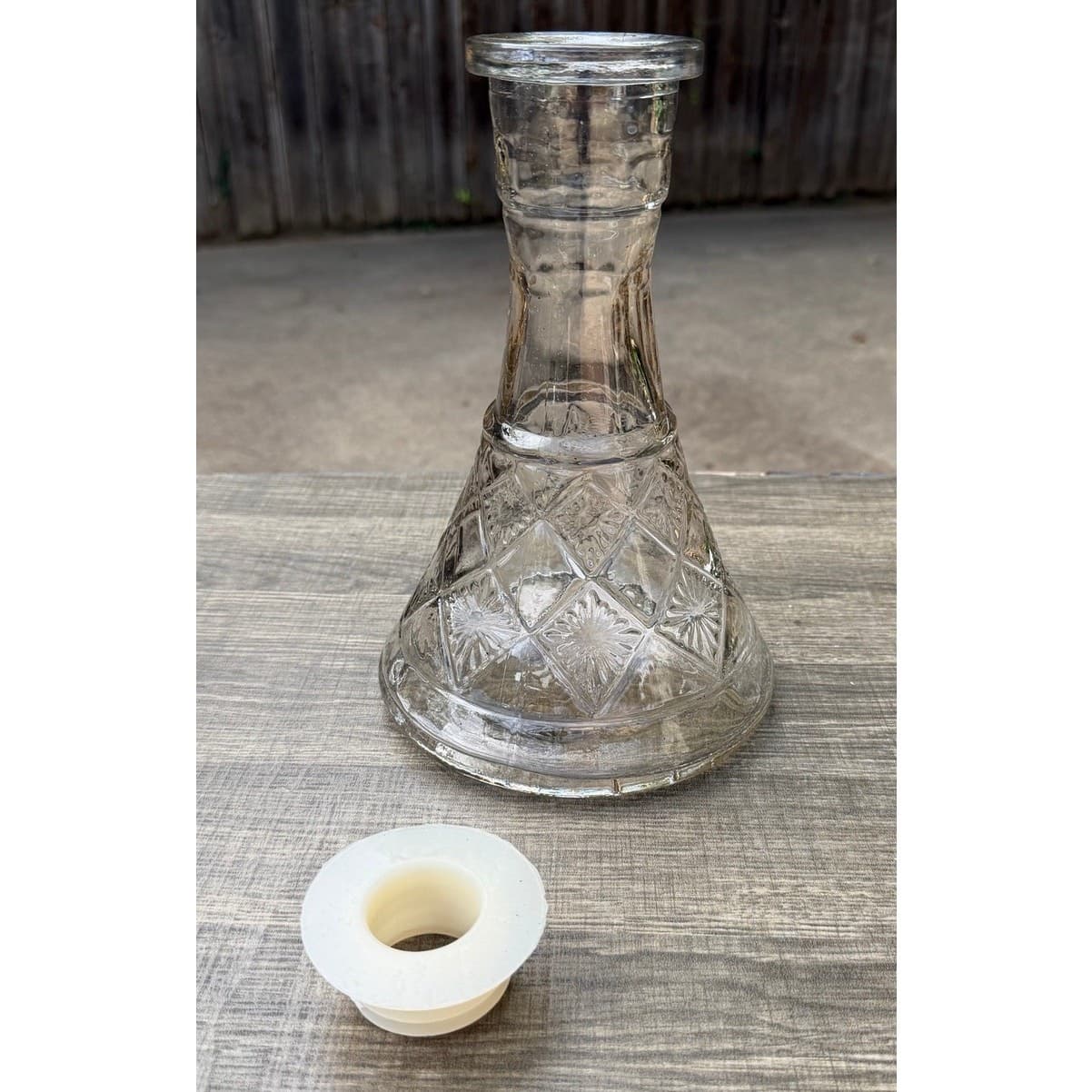Clear Pressed Glass Vintage 10" Hookah Base Bottle Vase Starburst Diamond Design - Thumbnail 2