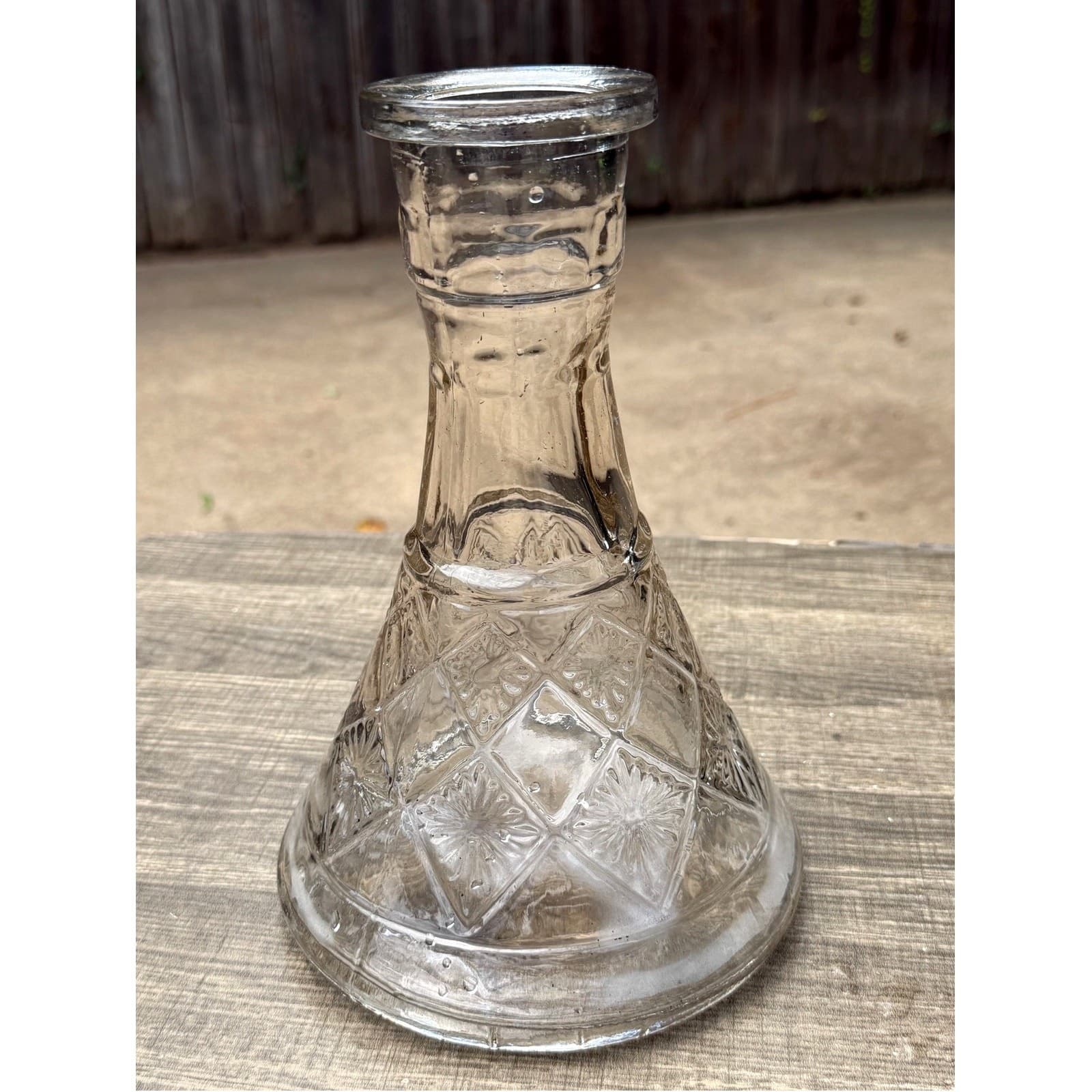 Clear Pressed Glass Vintage 10" Hookah Base Bottle Vase Starburst Diamond Design - Thumbnail 3