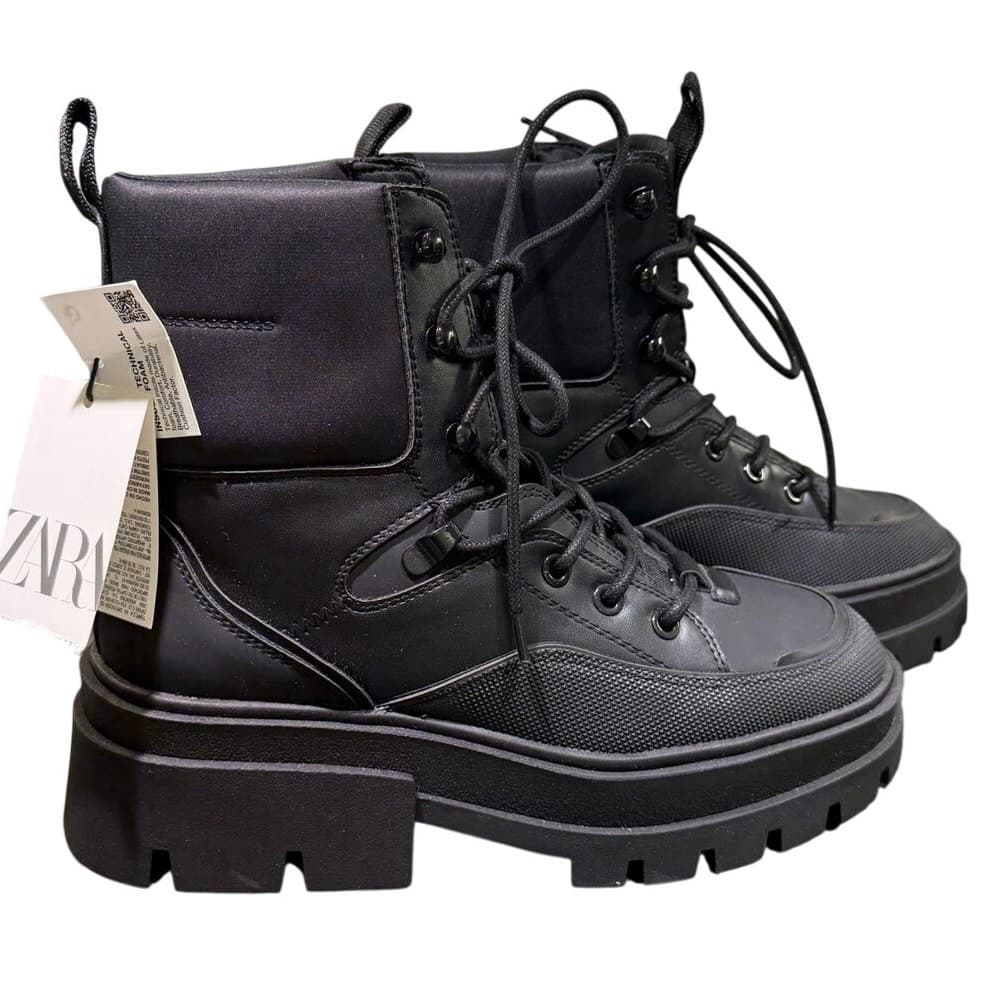 ZARA Z1B Platform Combat Boots Black Chunky Lug Sole Lace Up NWT Women's 6.5 - Thumbnail 2
