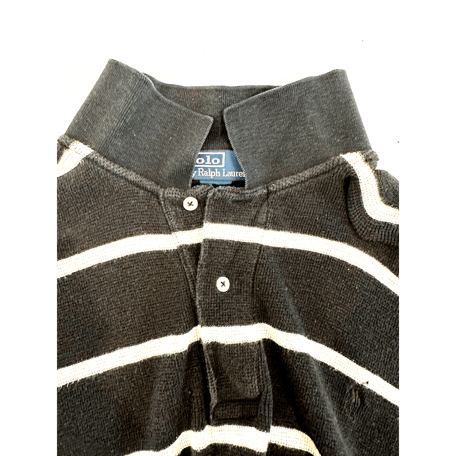 Polo Ralph Lauren Blue Label Black w/ White Stripes Open Knit Polo Shirt XL - Thumbnail 6