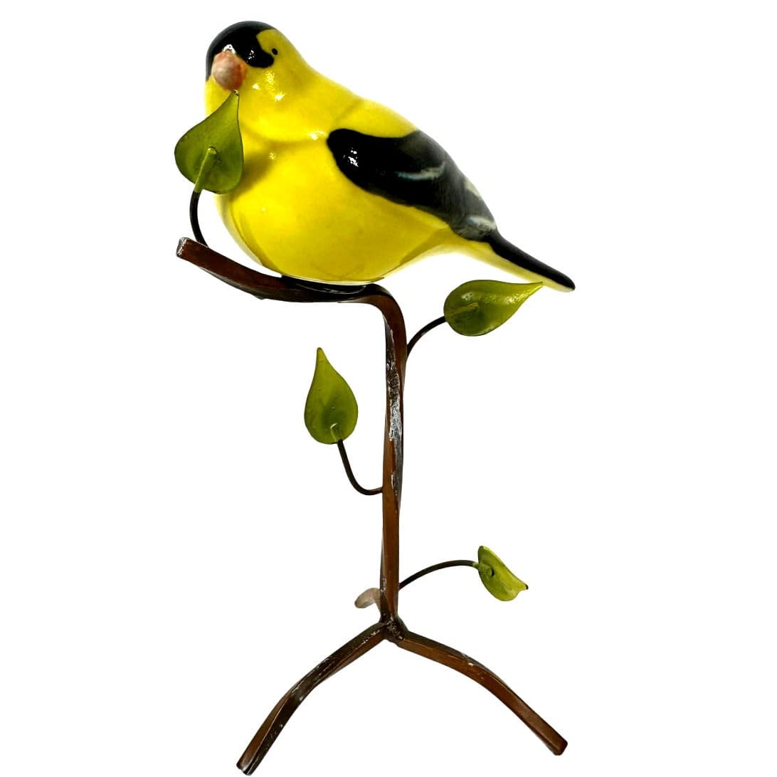Unique Ceramic Gold Finch Bird Perched on Metal Branch /Twig Stand-Excellent!