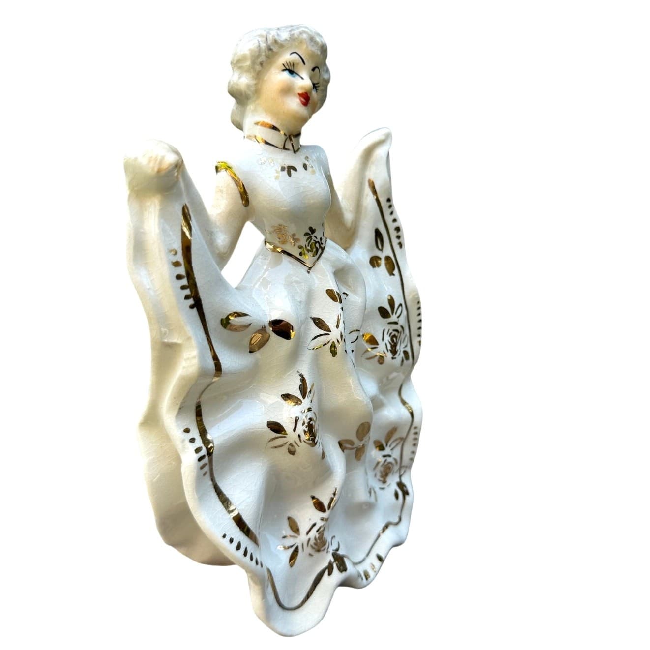 Victorian Porcelain Vintage Woman Figurine Hand Painted White Gold Accents Japan - Thumbnail 2