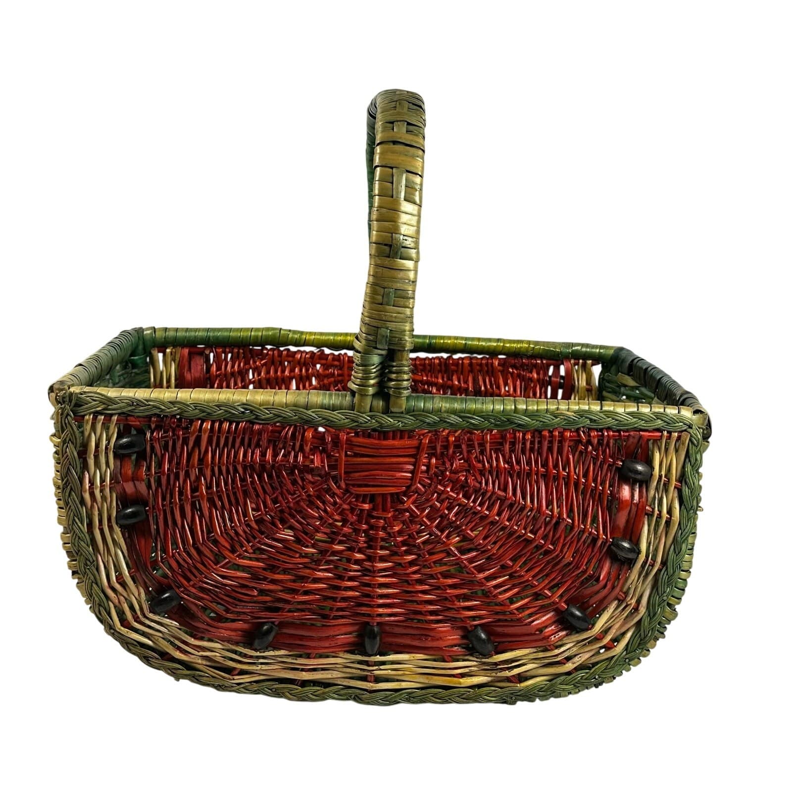 Watermelon Wicker Single Handle Basket Beaded Seeds Very Nice - Thumbnail 9