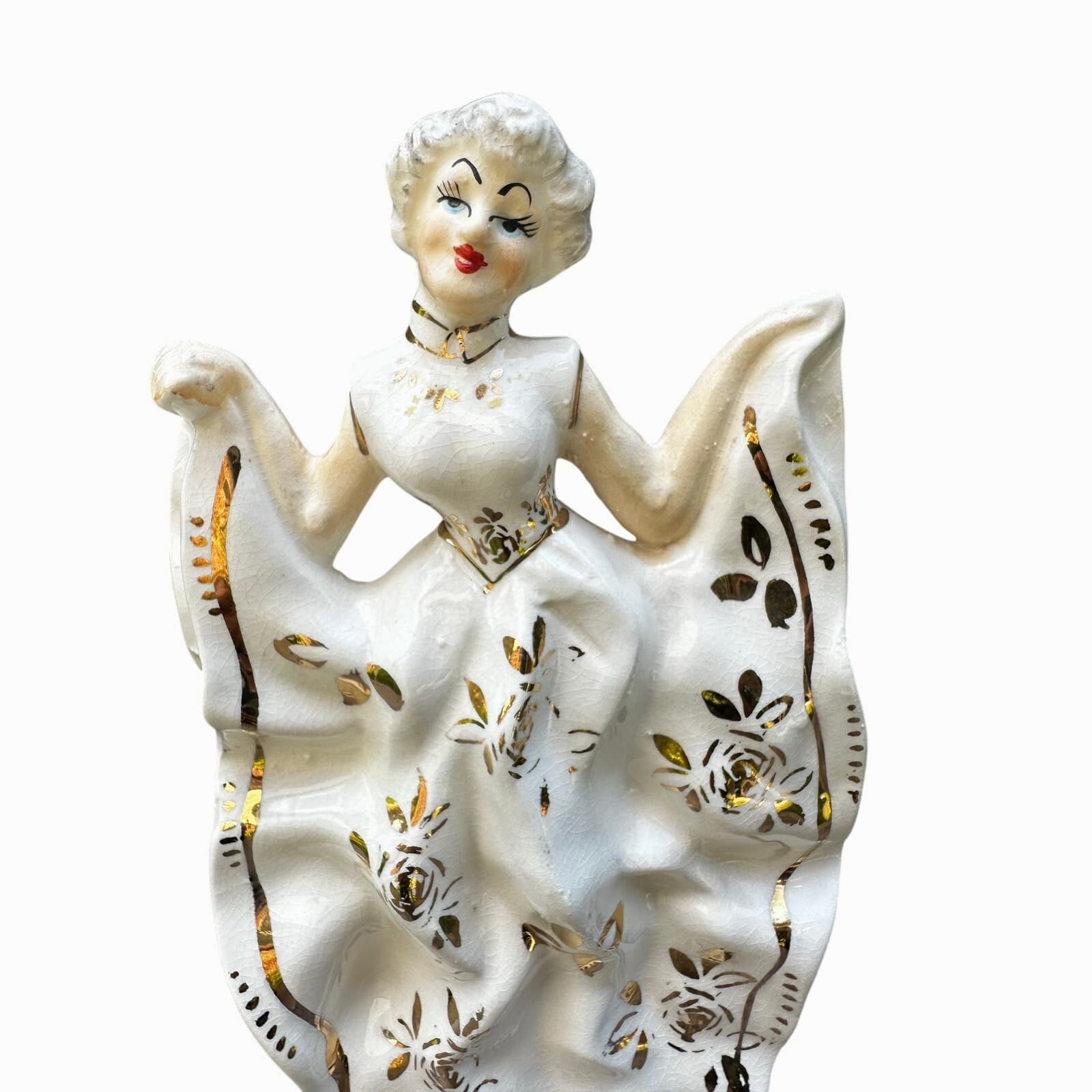 Victorian Porcelain Vintage Woman Figurine Hand Painted White Gold Accents Japan - Thumbnail 4