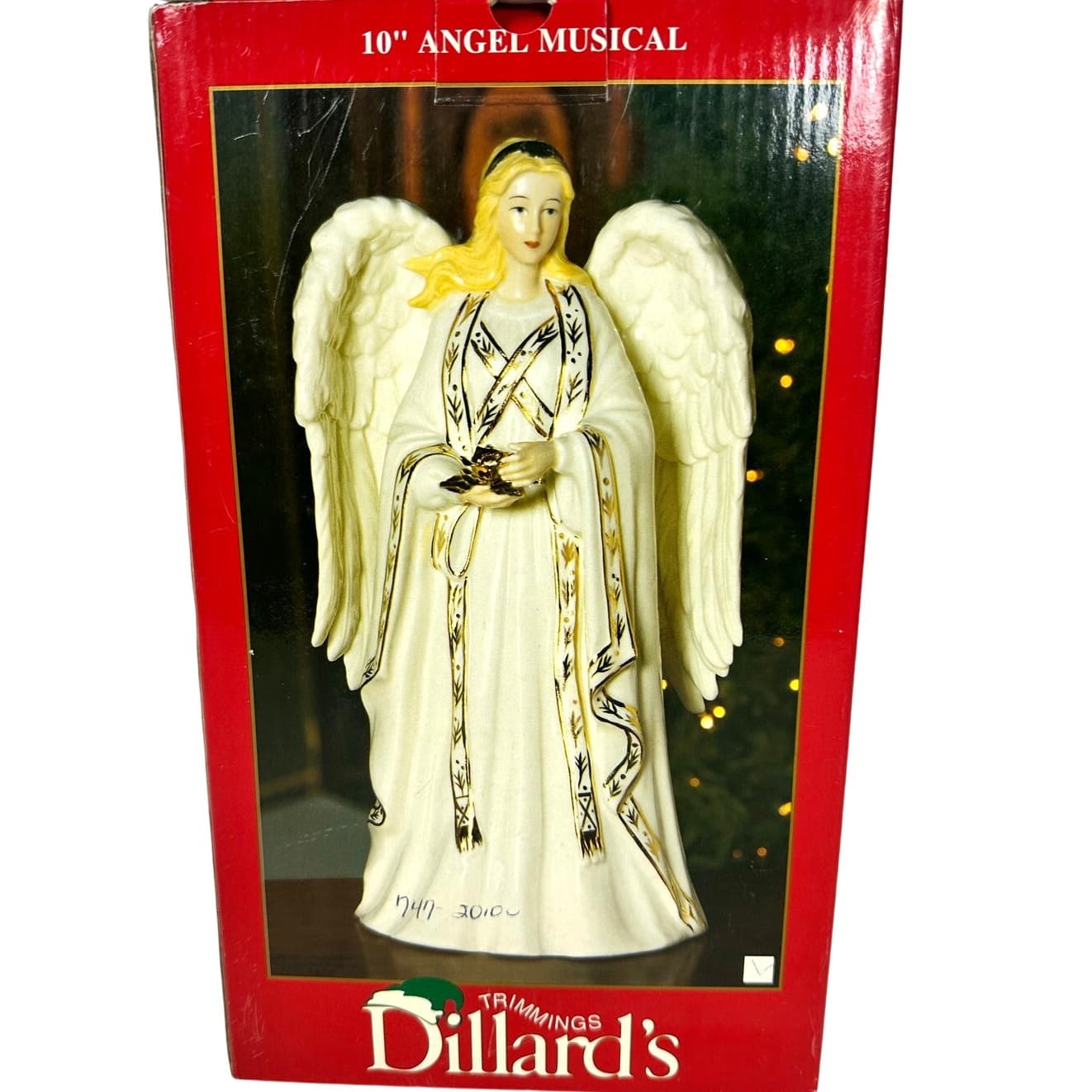 Dillard's Trimmings Vintage 10" Ceramic Musical Christmas Angel Ivory Gold-NEW! - Thumbnail 3