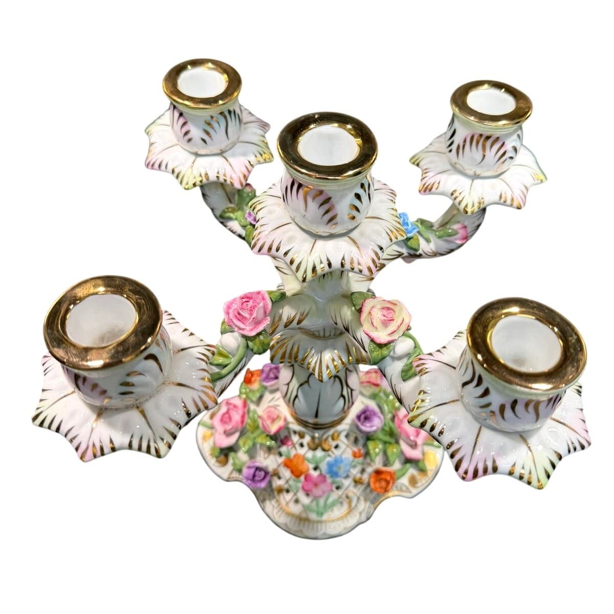 Vintage KPM Porcelain 5 Light Candelabra Applied Roses Gilt 10" Germany - Thumbnail 3