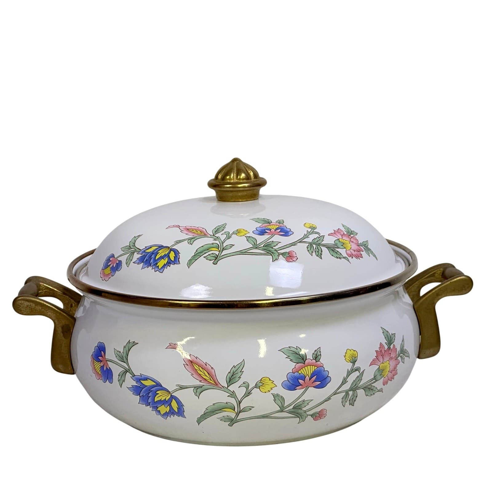 Regency Club Enamelware Vintage 3 QT Floral Dutch Oven Casserole Brass Handles - Thumbnail 3