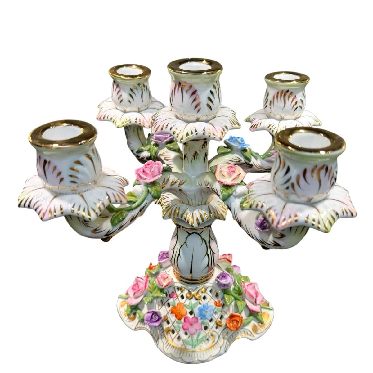 Vintage KPM Porcelain 5 Light Candelabra Applied Roses Gilt 10" Germany - Thumbnail 2