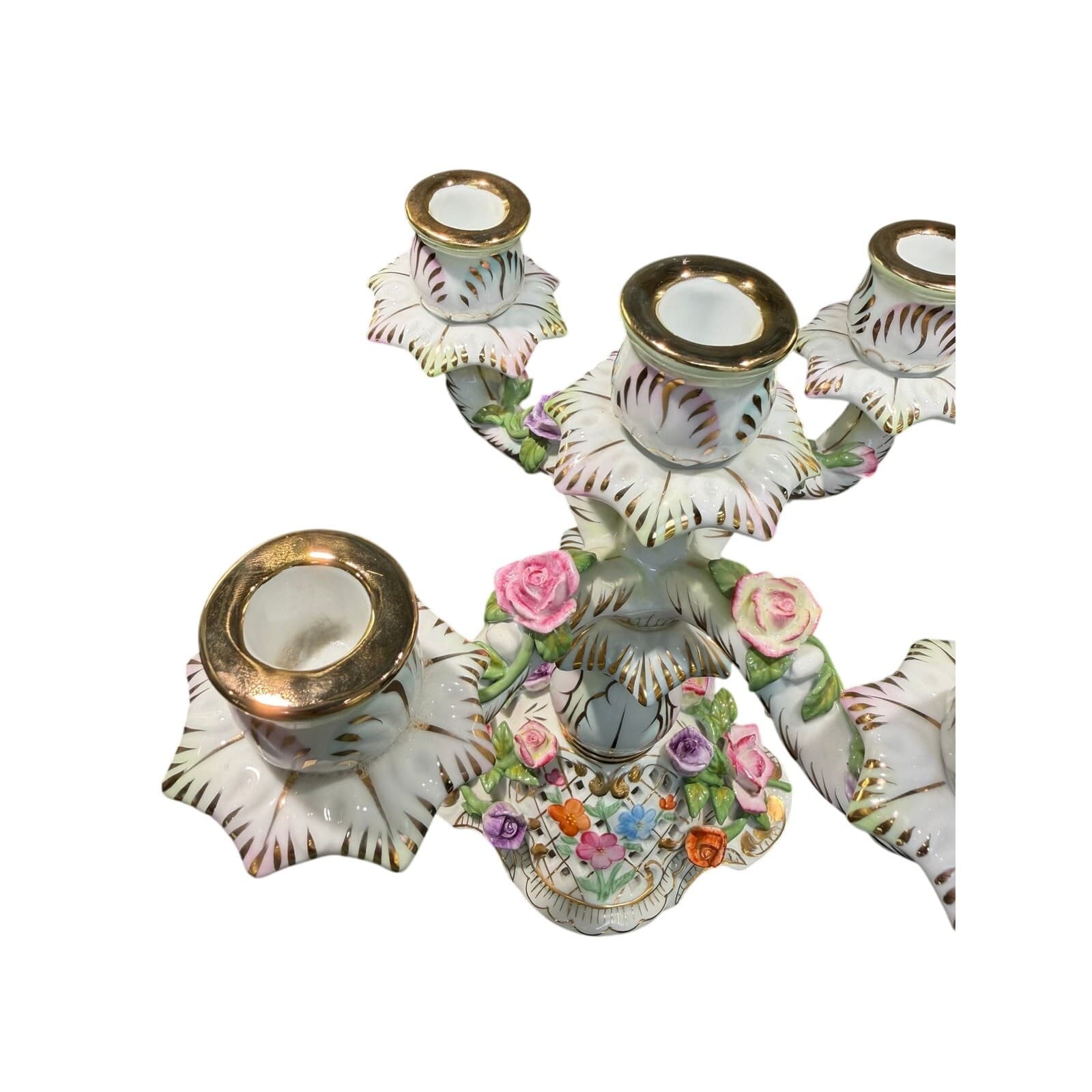 Vintage KPM Porcelain 5 Light Candelabra Applied Roses Gilt 10" Germany - Thumbnail 7