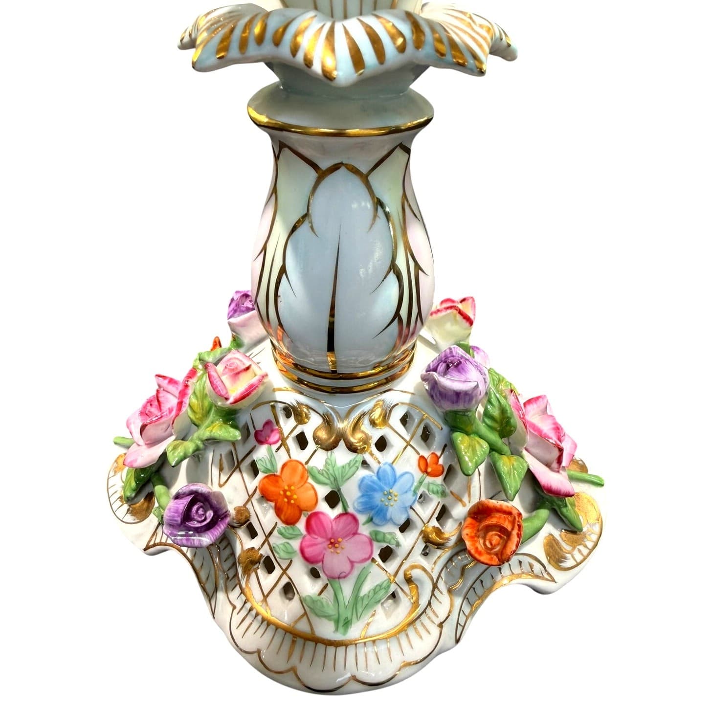 Vintage KPM Porcelain 5 Light Candelabra Applied Roses Gilt 10" Germany - Thumbnail 4