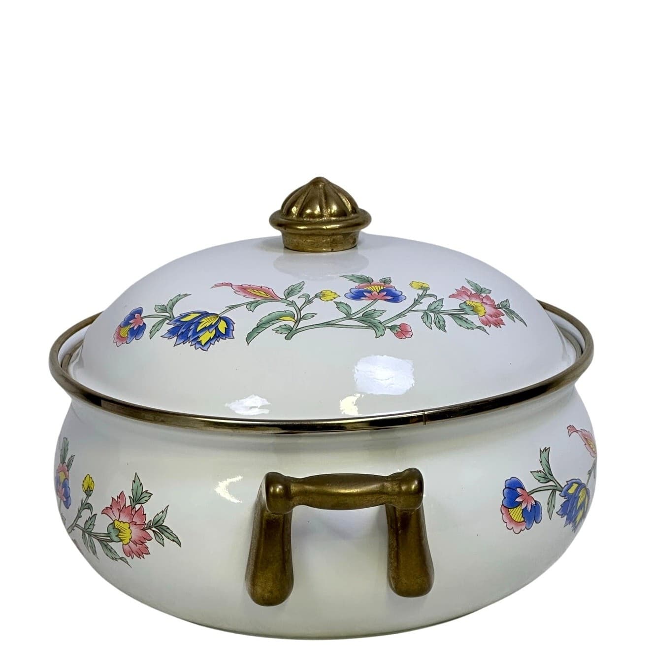 Regency Club Enamelware Vintage 2 QT Floral Dutch Oven Casserole Brass Handles - Thumbnail 2