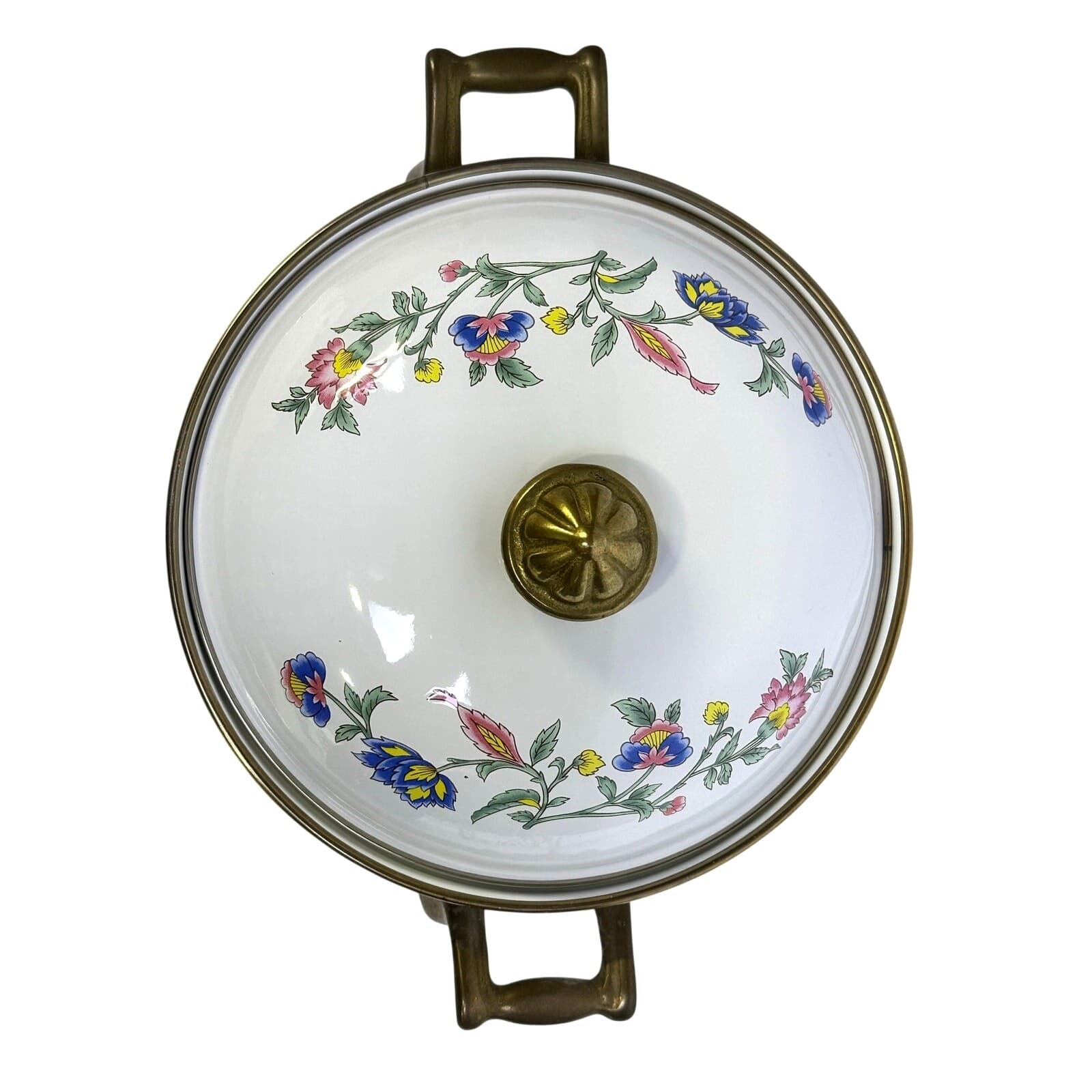 Regency Club Enamelware Vintage 2 QT Floral Dutch Oven Casserole Brass Handles - Thumbnail 5