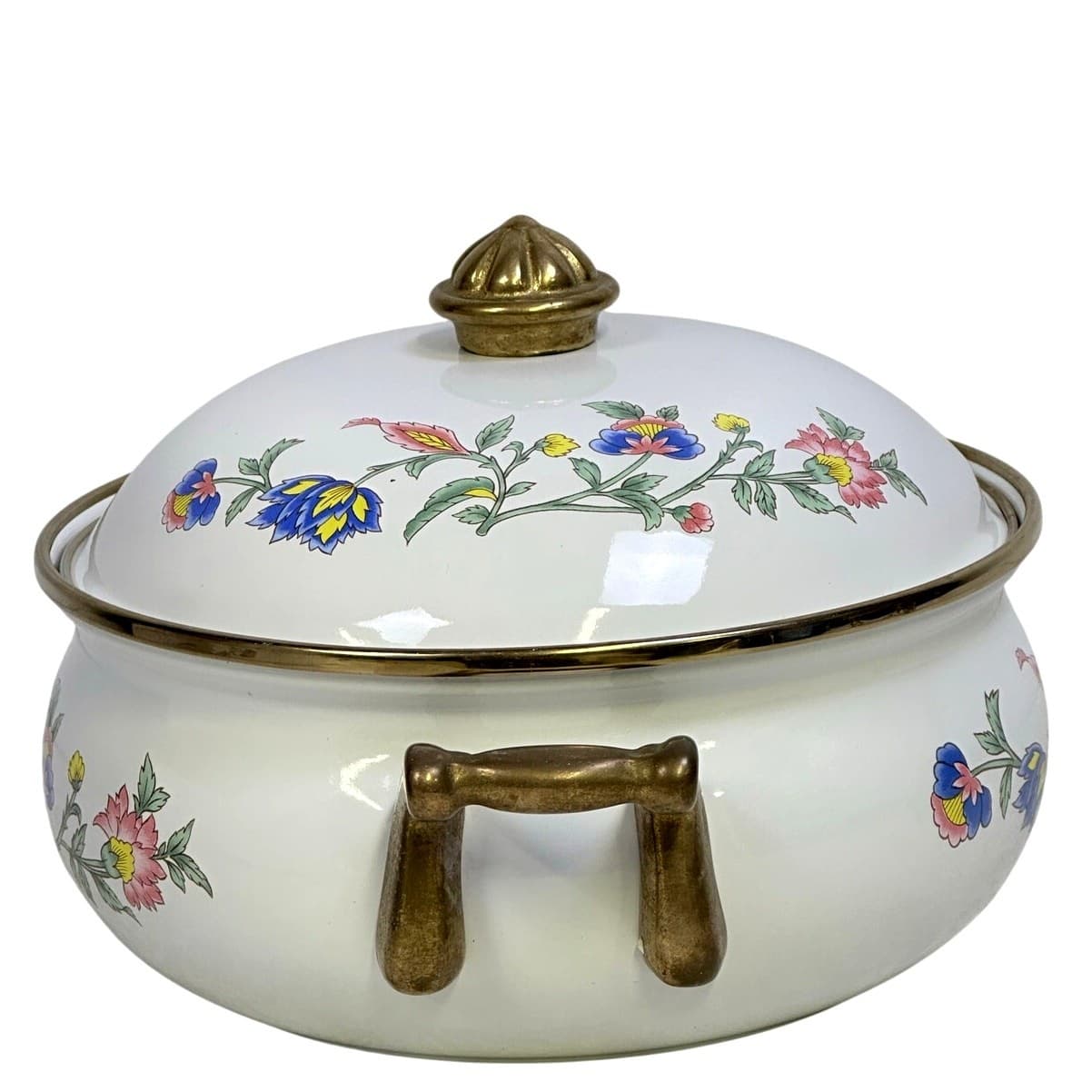 Regency Club Enamelware Vintage 2 QT Floral Dutch Oven Casserole Brass Handles - Thumbnail 4