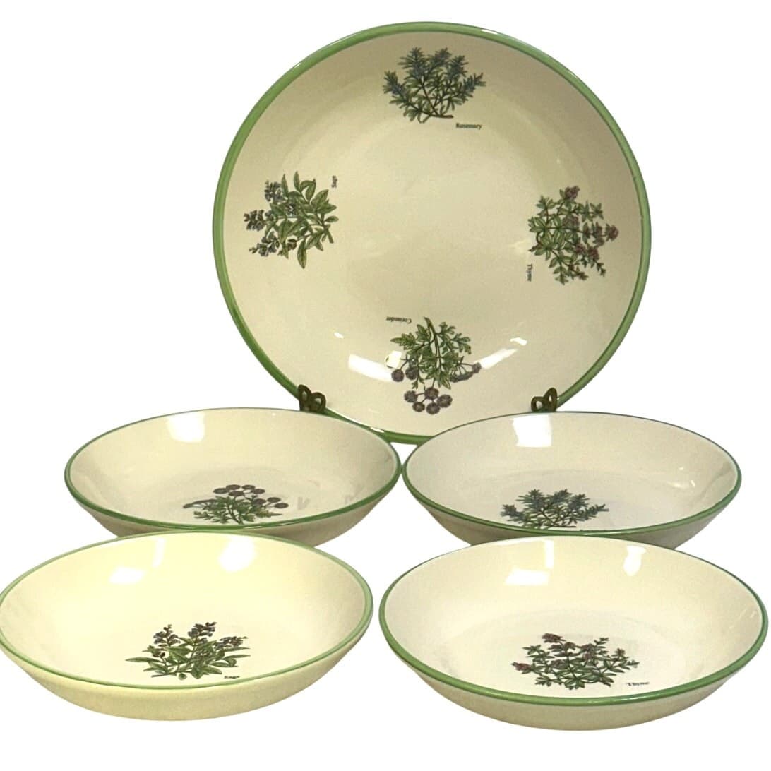 World Market Ceramic Pasta Bowl Set-Serving Bowl/4 Individual Bowls-Herbs Design