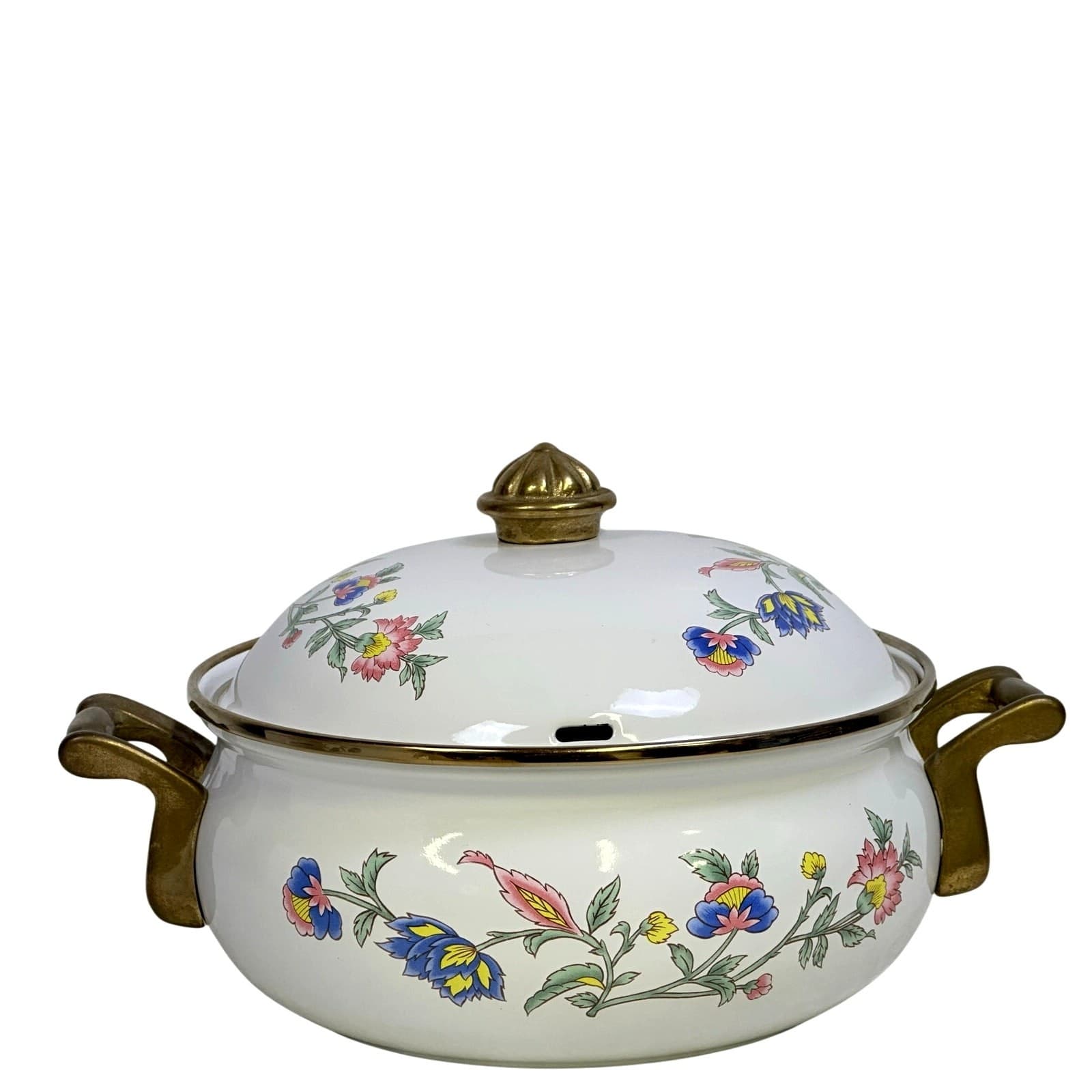 Regency Club Enamelware Vintage 2 QT Floral Dutch Oven Casserole Brass Handles - Thumbnail 3