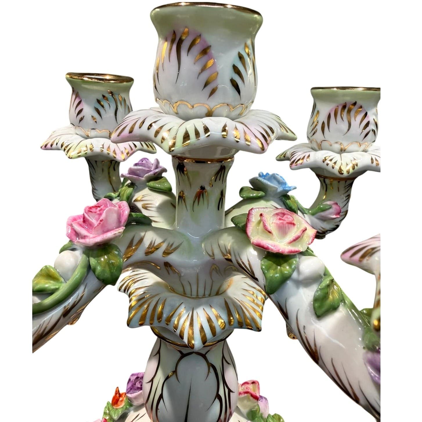 Vintage KPM Porcelain 5 Light Candelabra Applied Roses Gilt 10" Germany - Thumbnail 5