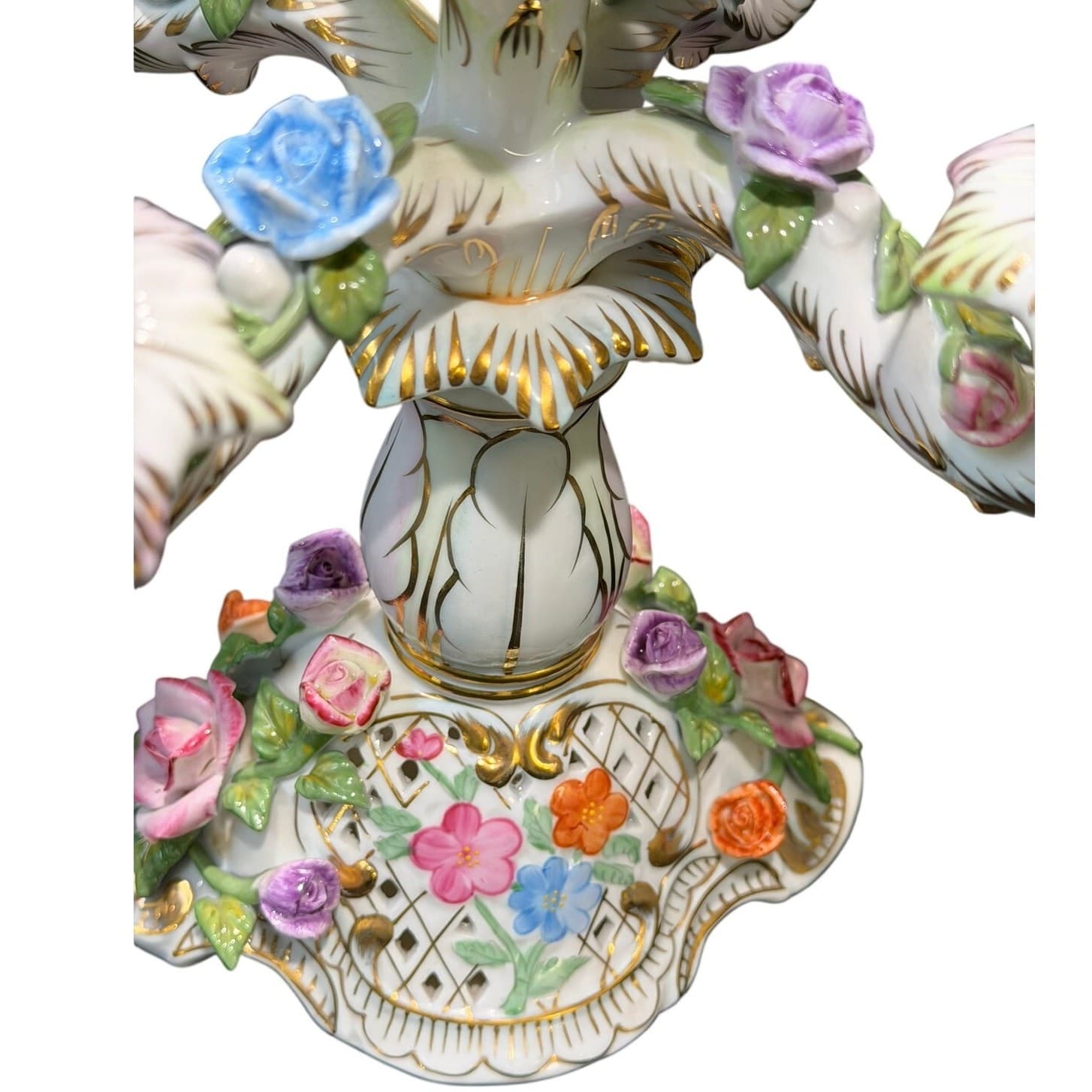 Vintage KPM Porcelain 5 Light Candelabra Applied Roses Gilt 10" Germany - Thumbnail 14