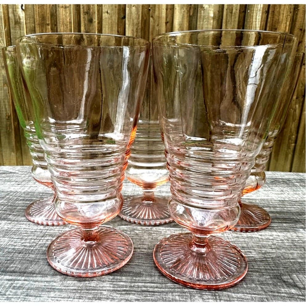 1930's-40's Vintage Pink Depression Glass Footed Soda Fountain Tumblers Set of 5 - Thumbnail 9