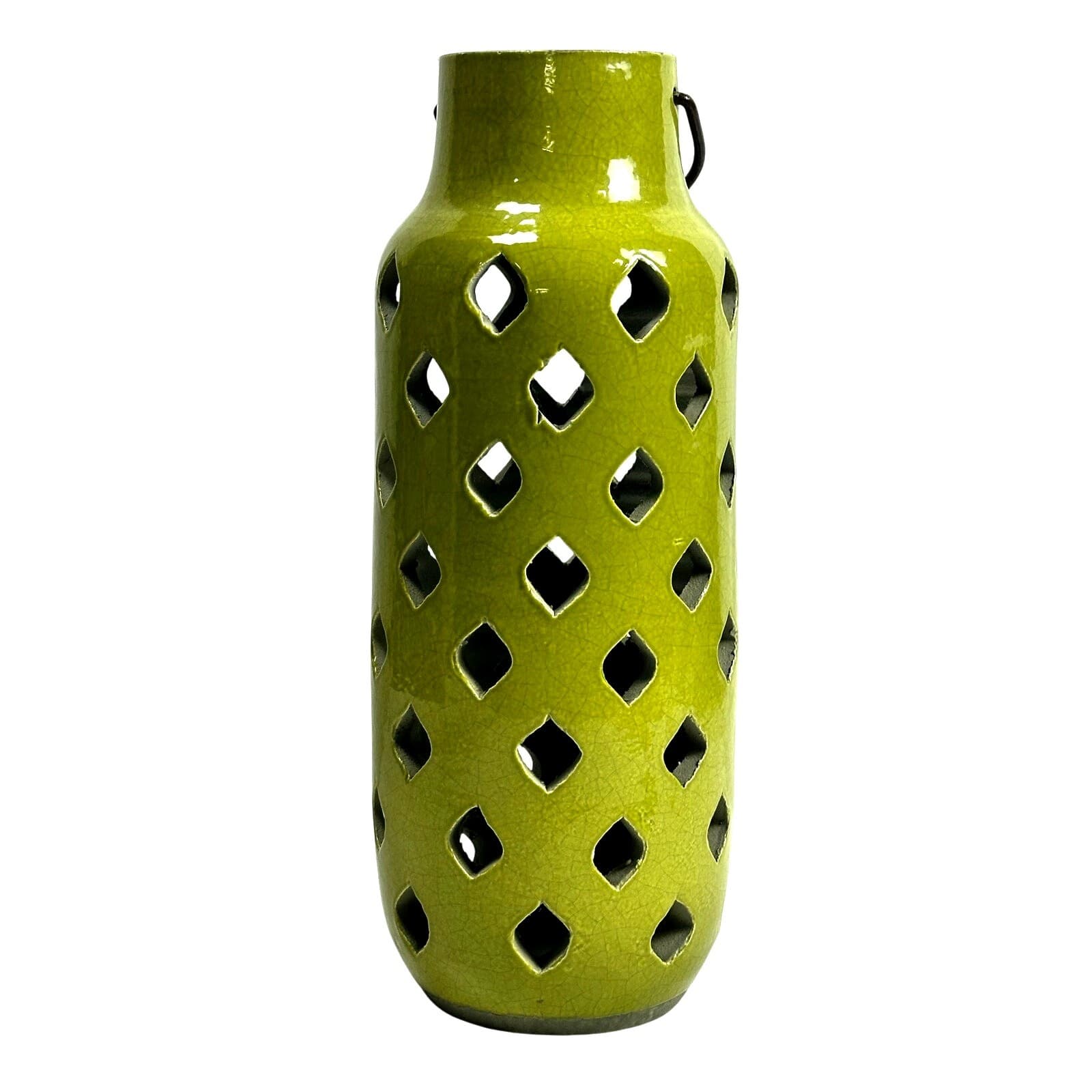 Green Pierced Pottery Jug Style Candle/Votive Holder w/ Metal Handle 15.25” Tall - Thumbnail 3