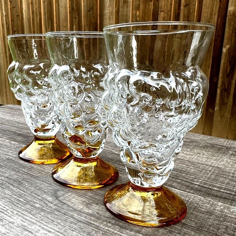 Abigail's Portugal Rare Blown Amber Base Grape Iced Tea Footed Goblets-Set of 3