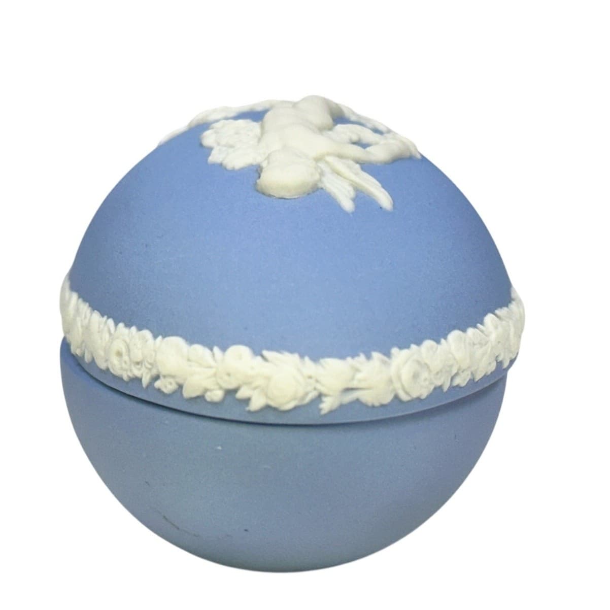 Wedgwood Blue Jasperware Vintage White Cupid Cherub Egg Shaped Trinket Box w/Lid - Thumbnail 5