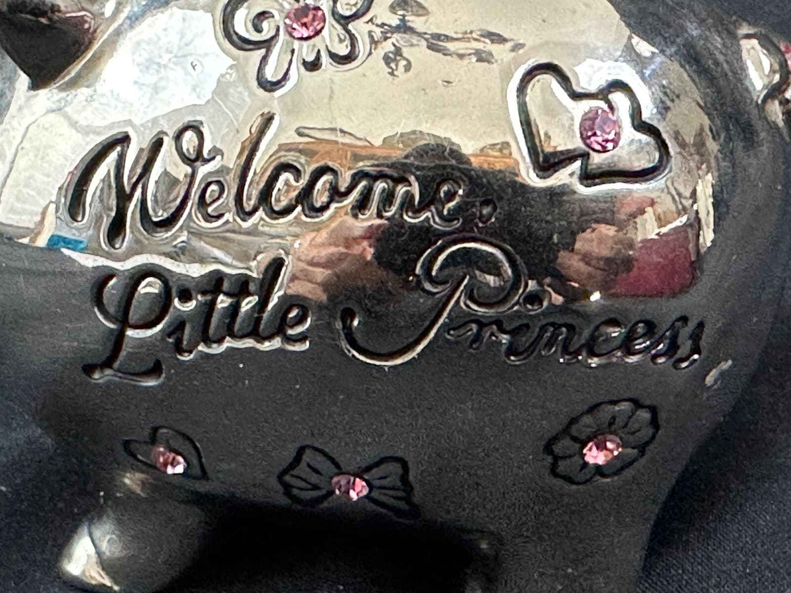 MUD PIE "Welcome Little Princess" Silver with Pink Jewels Vintage Piggy Bank - Thumbnail 3
