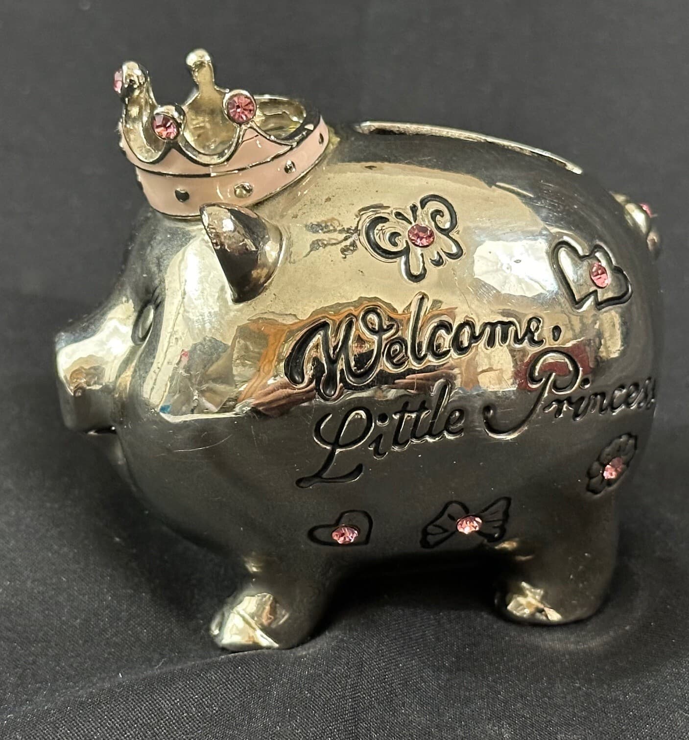 MUD PIE "Welcome Little Princess" Silver with Pink Jewels Vintage Piggy Bank