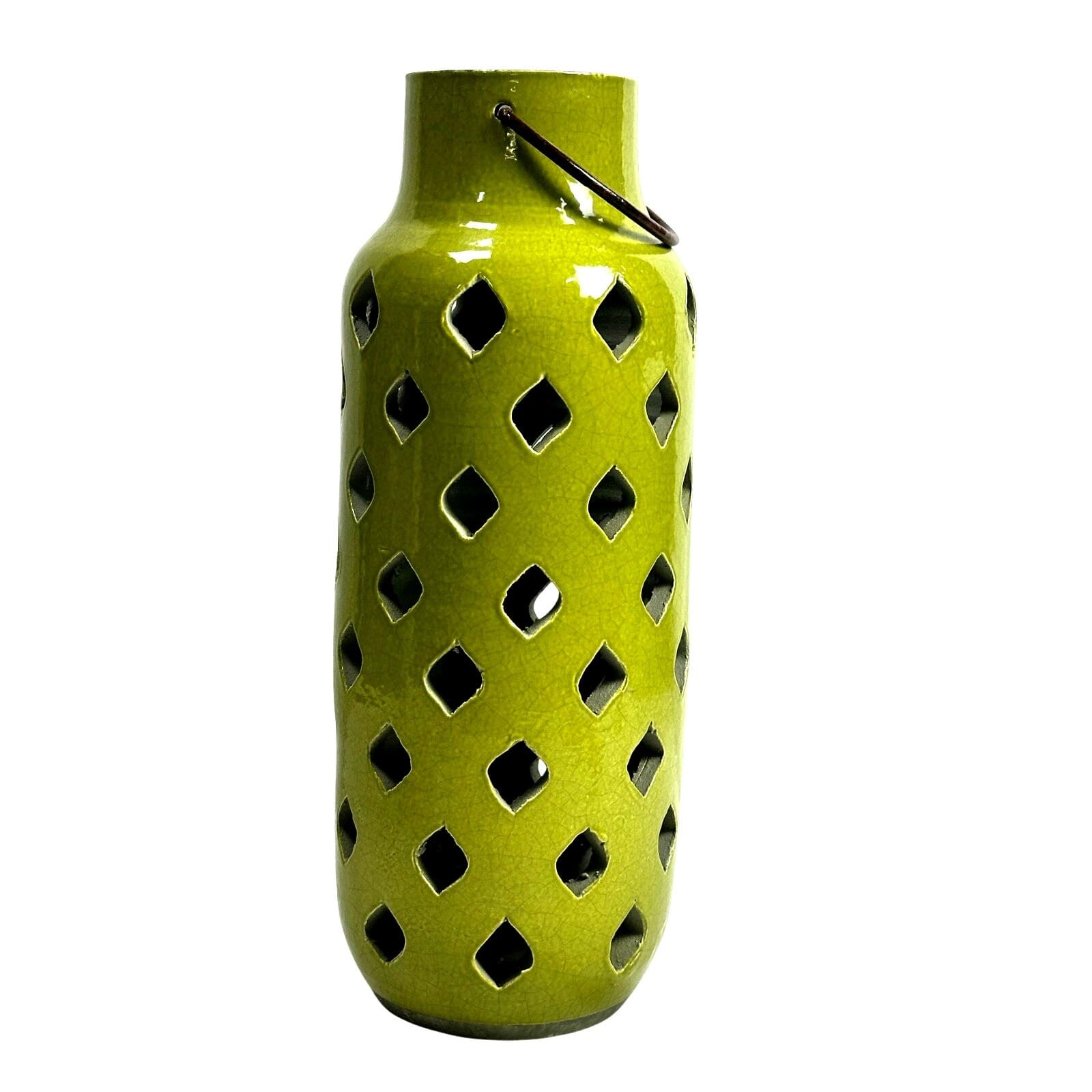 Green Pierced Pottery Jug Style Candle/Votive Holder w/ Metal Handle 15.25” Tall - Thumbnail 4