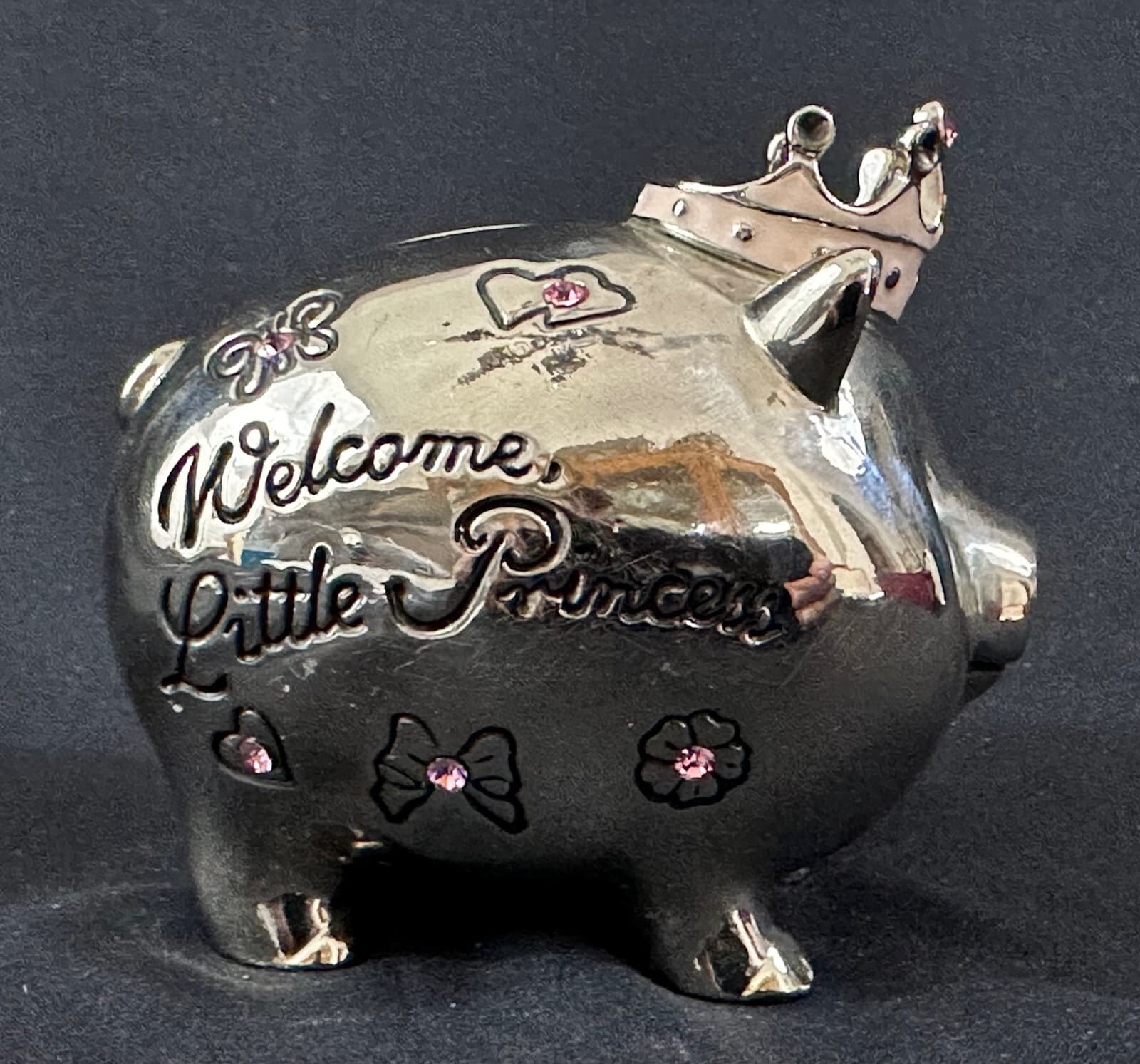 MUD PIE "Welcome Little Princess" Silver with Pink Jewels Vintage Piggy Bank - Thumbnail 5