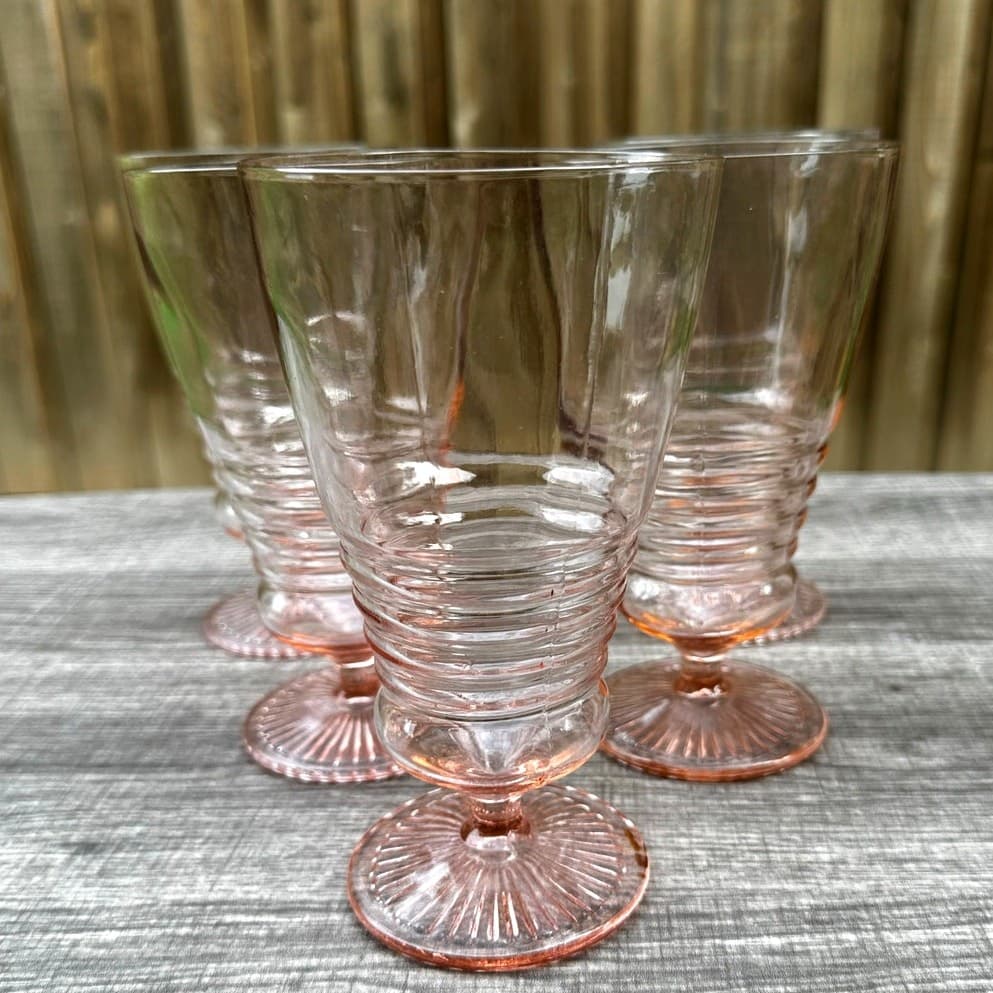 1930's-40's Vintage Pink Depression Glass Footed Soda Fountain Tumblers Set of 5 - Thumbnail 10