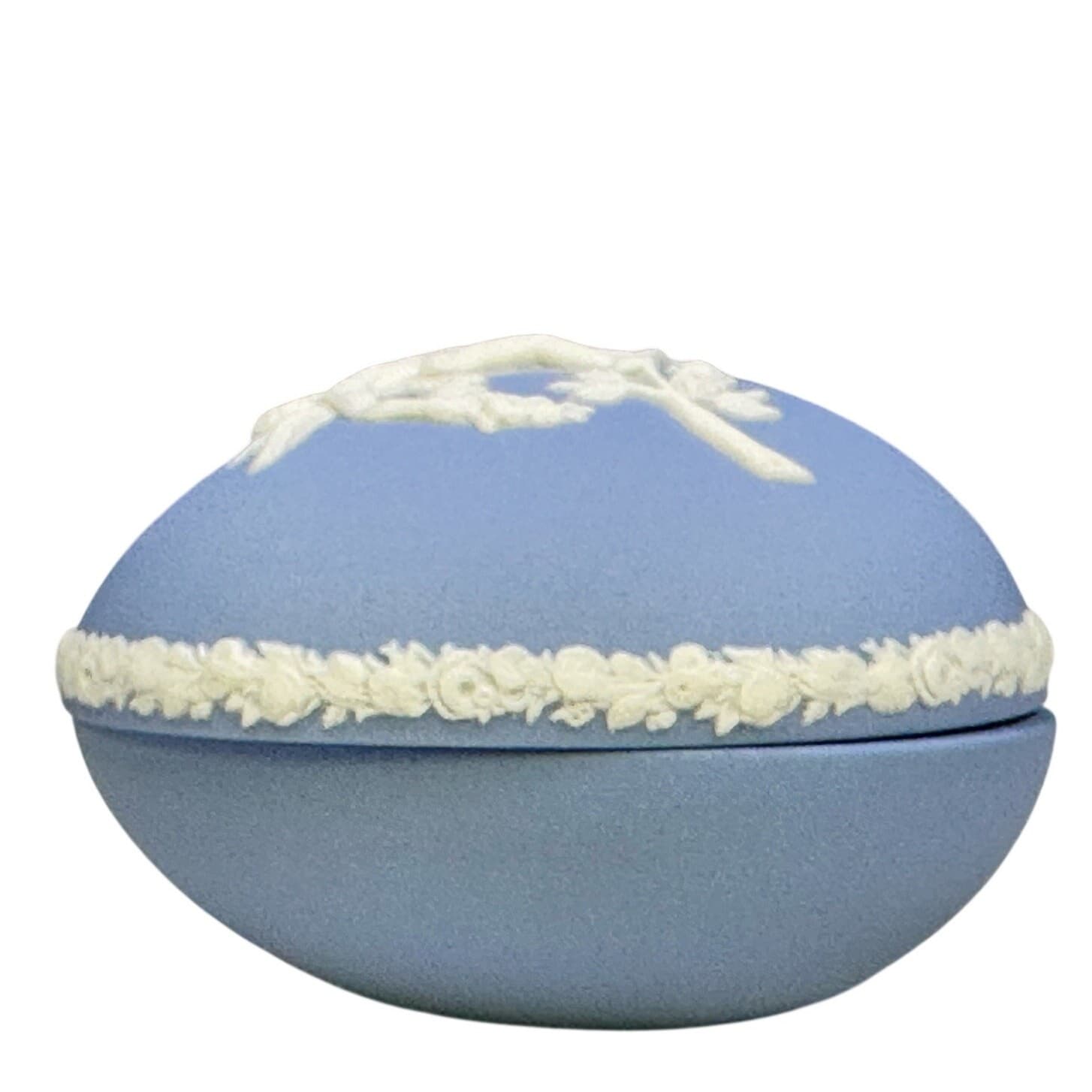 Wedgwood Blue Jasperware Vintage White Cupid Cherub Egg Shaped Trinket Box w/Lid - Thumbnail 4