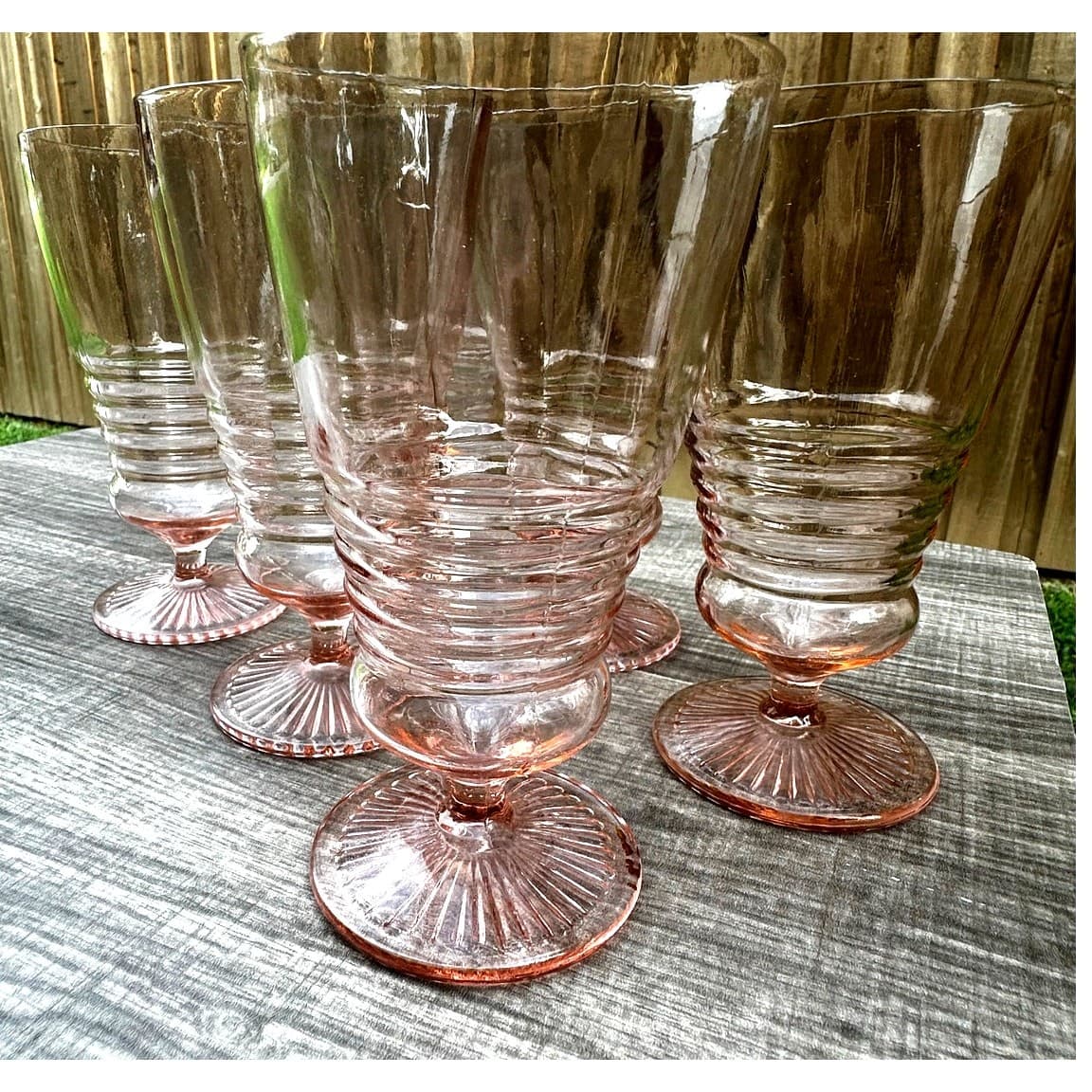 1930's-40's Vintage Pink Depression Glass Footed Soda Fountain Tumblers Set of 5 - Thumbnail 3