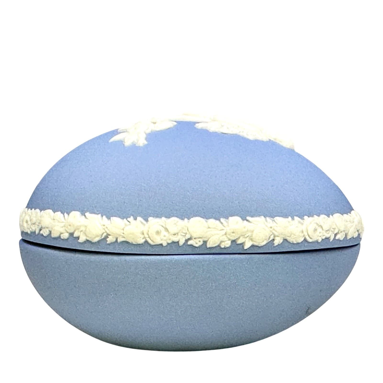 Wedgwood Blue Jasperware Vintage White Cupid Cherub Egg Shaped Trinket Box w/Lid - Thumbnail 2