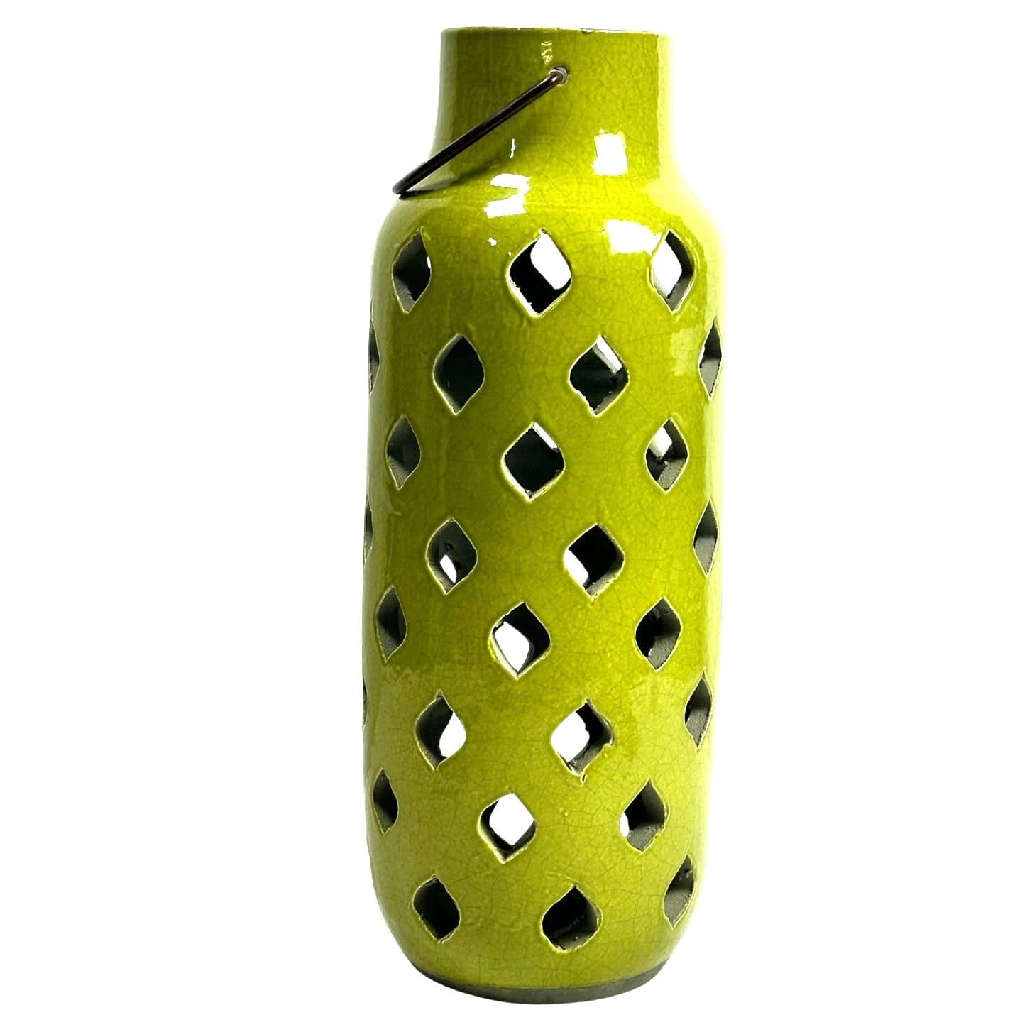 Green Pierced Pottery Jug Style Candle/Votive Holder w/ Metal Handle 15.25” Tall - Thumbnail 2